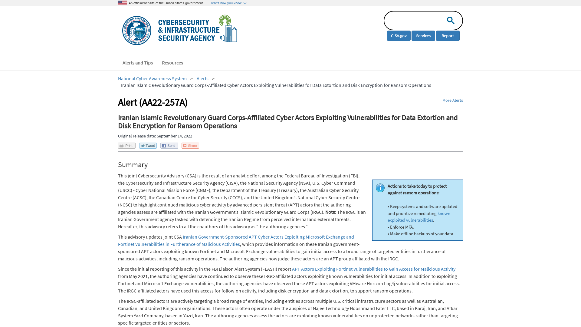 Iranian Islamic Revolutionary Guard Corps-Affiliated Cyber Actors Exploiting Vulnerabilities for Data Extortion and Disk Encryption for Ransom Operations | CISA