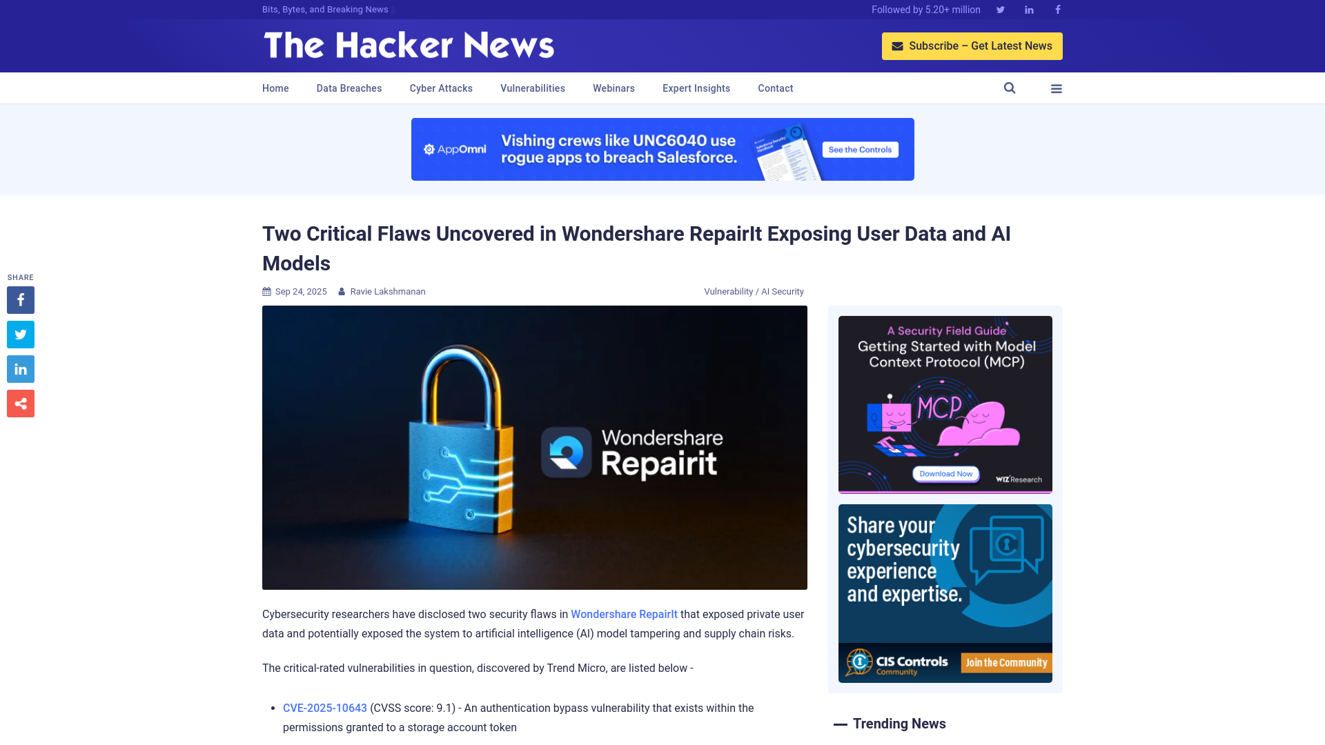 Two Critical Flaws Uncovered in Wondershare RepairIt Exposing User Data and AI Models