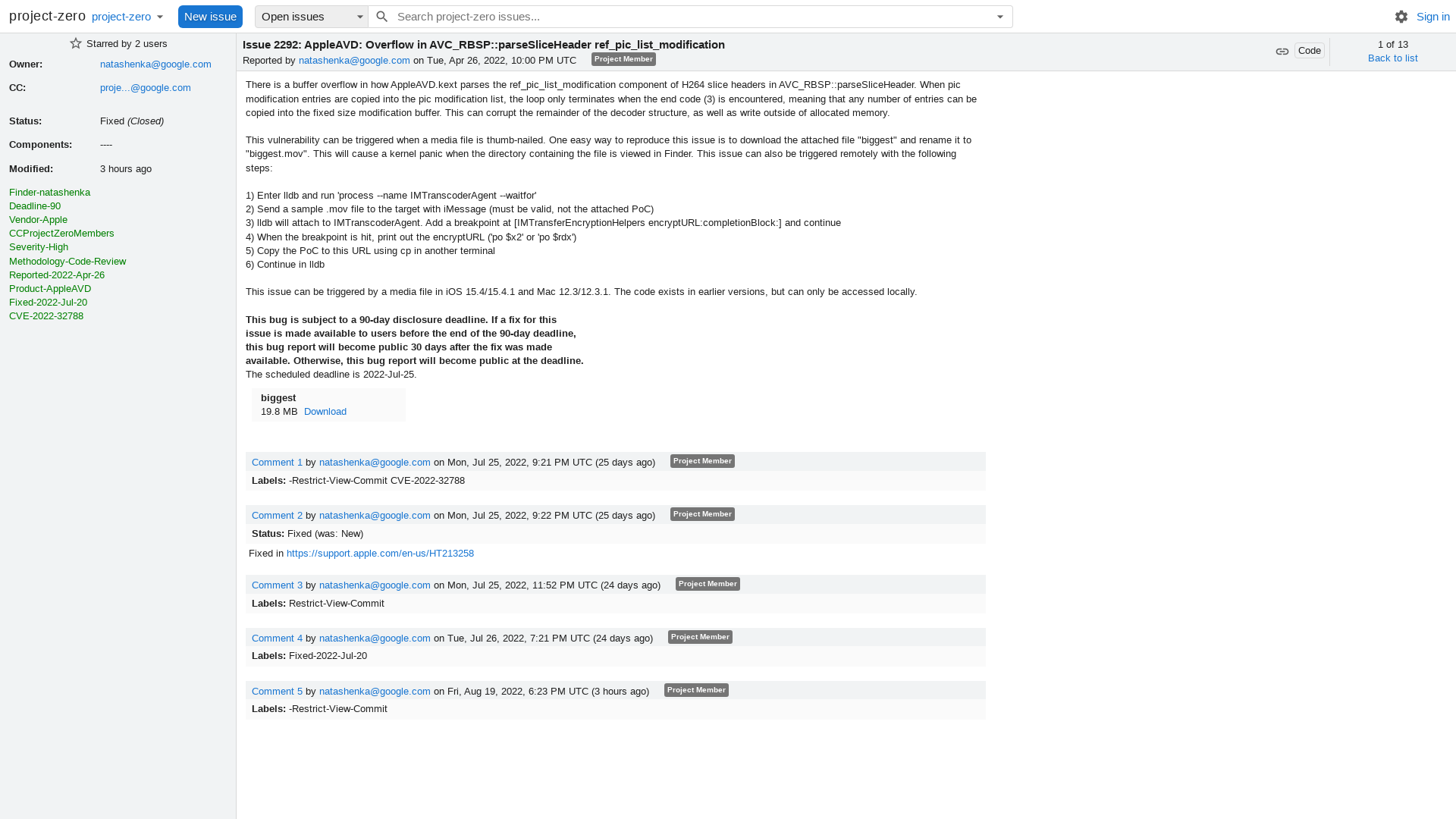 2292 - AppleAVD: Overflow in AVC_RBSP::parseSliceHeader ref_pic_list_modification - project-zero