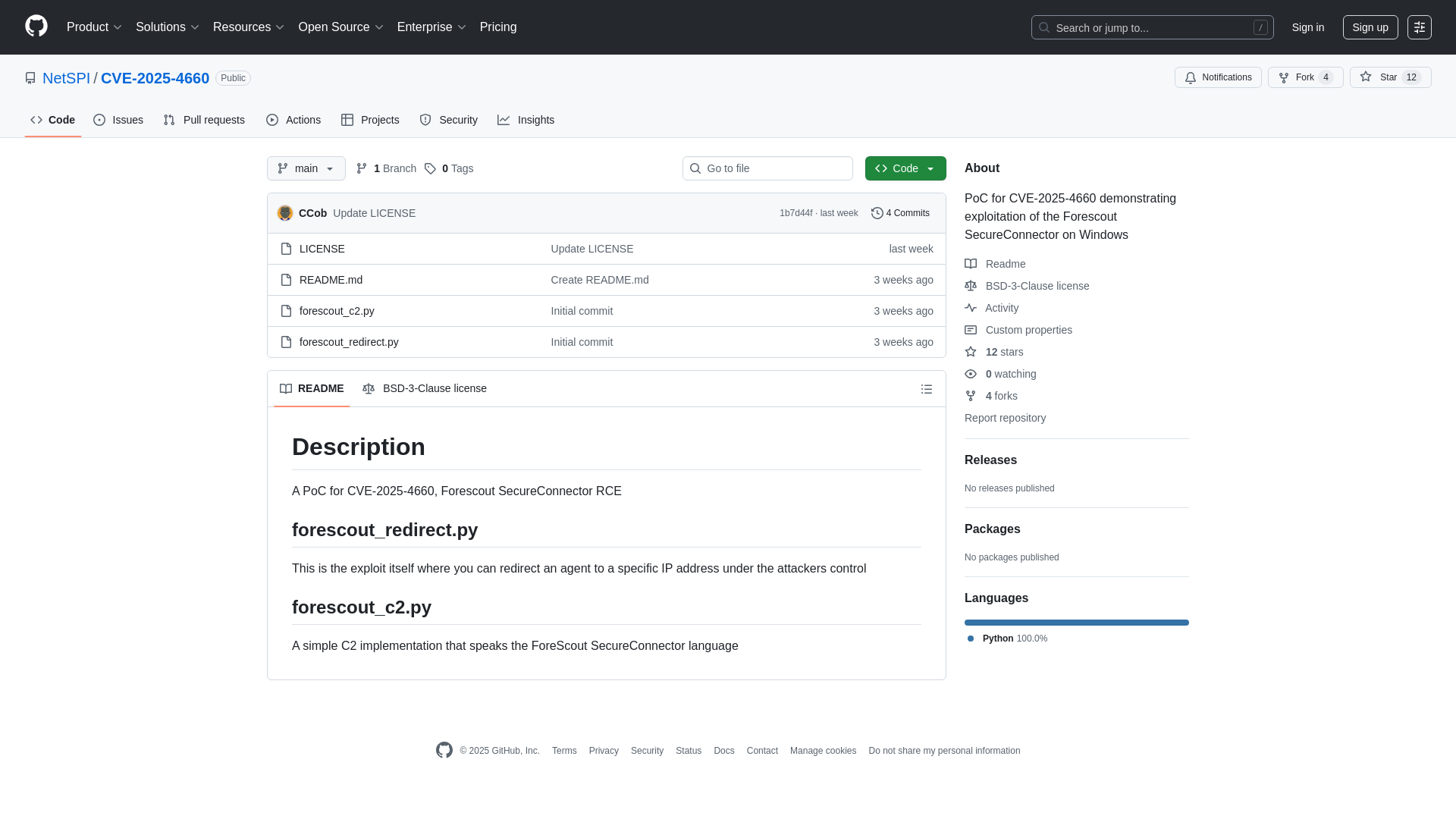 GitHub - NetSPI/CVE-2025-4660: PoC for CVE-2025-4660 demonstrating exploitation of the Forescout SecureConnector on Windows