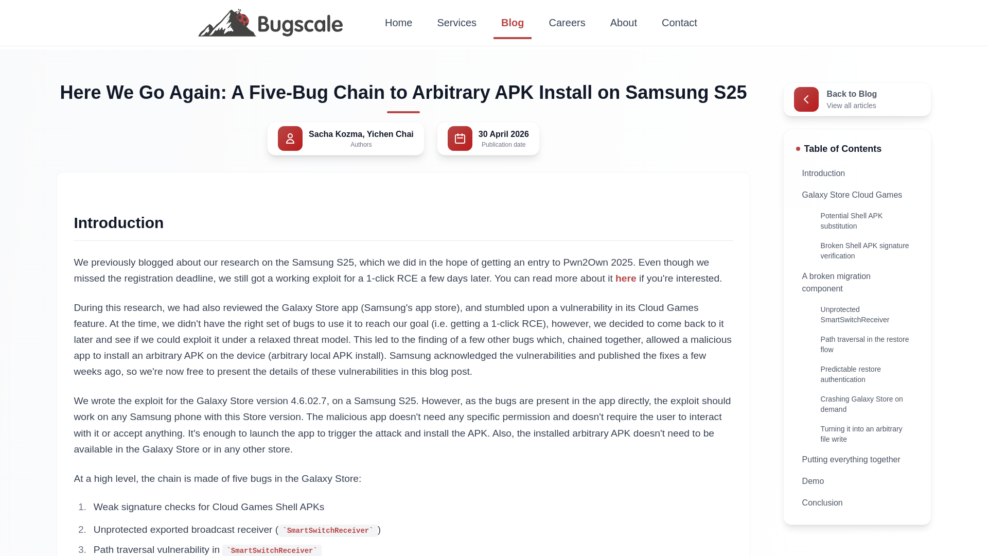 Here We Go Again: A Five-Bug Chain to Arbitrary APK Install on Samsung S25 | Bugscale SA