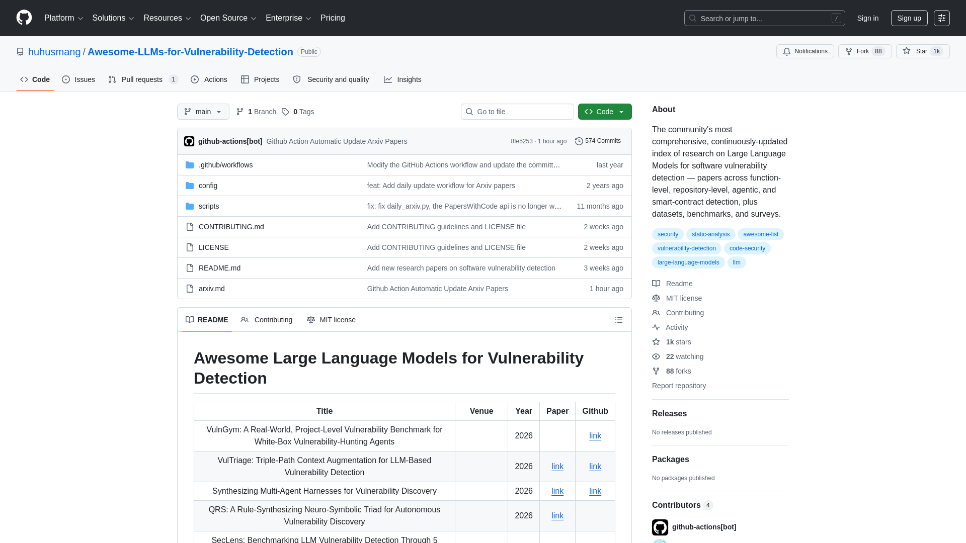 GitHub - huhusmang/Awesome-LLMs-for-Vulnerability-Detection: The community's most comprehensive, continuously-updated index of research on Large Language Models for software vulnerability detection — papers across function-level, repository-level, agentic, and smart-contract detection, plus datasets, benchmarks, and surveys. · GitHub