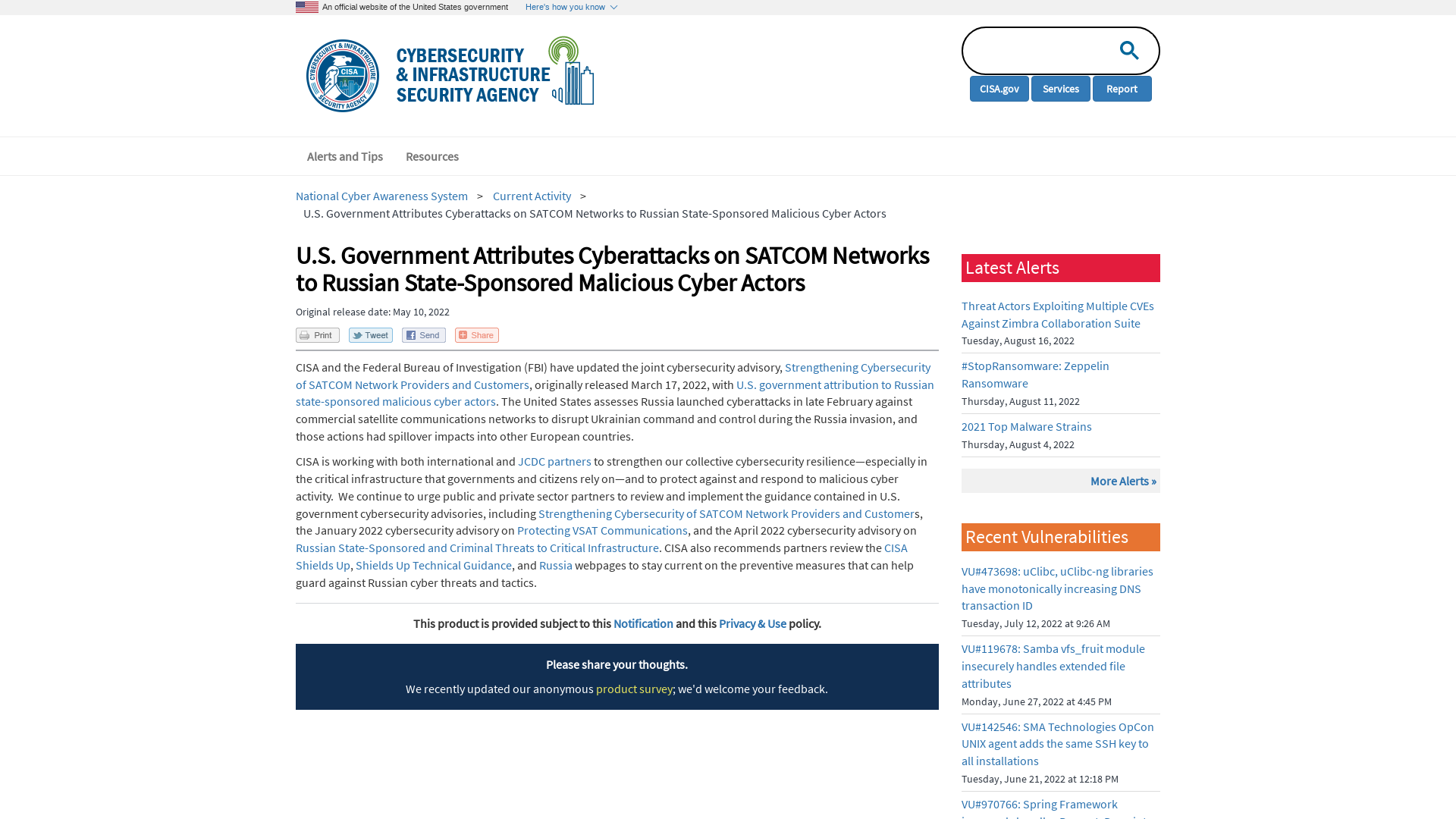 U.S. Government Attributes Cyberattacks on SATCOM Networks to Russian State-Sponsored Malicious Cyber Actors | CISA