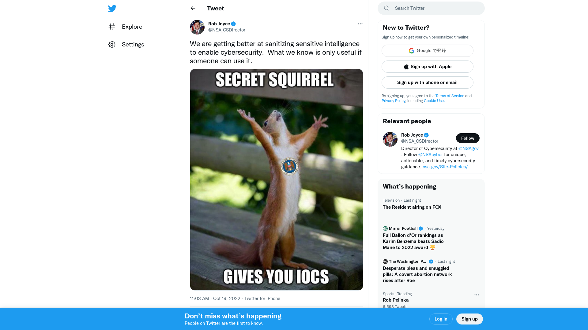 Rob Joyce on Twitter: "We are getting better at sanitizing sensitive intelligence to enable cybersecurity.  What we know is only useful if someone can use it. https://t.co/WDli5FI4ut" / Twitter