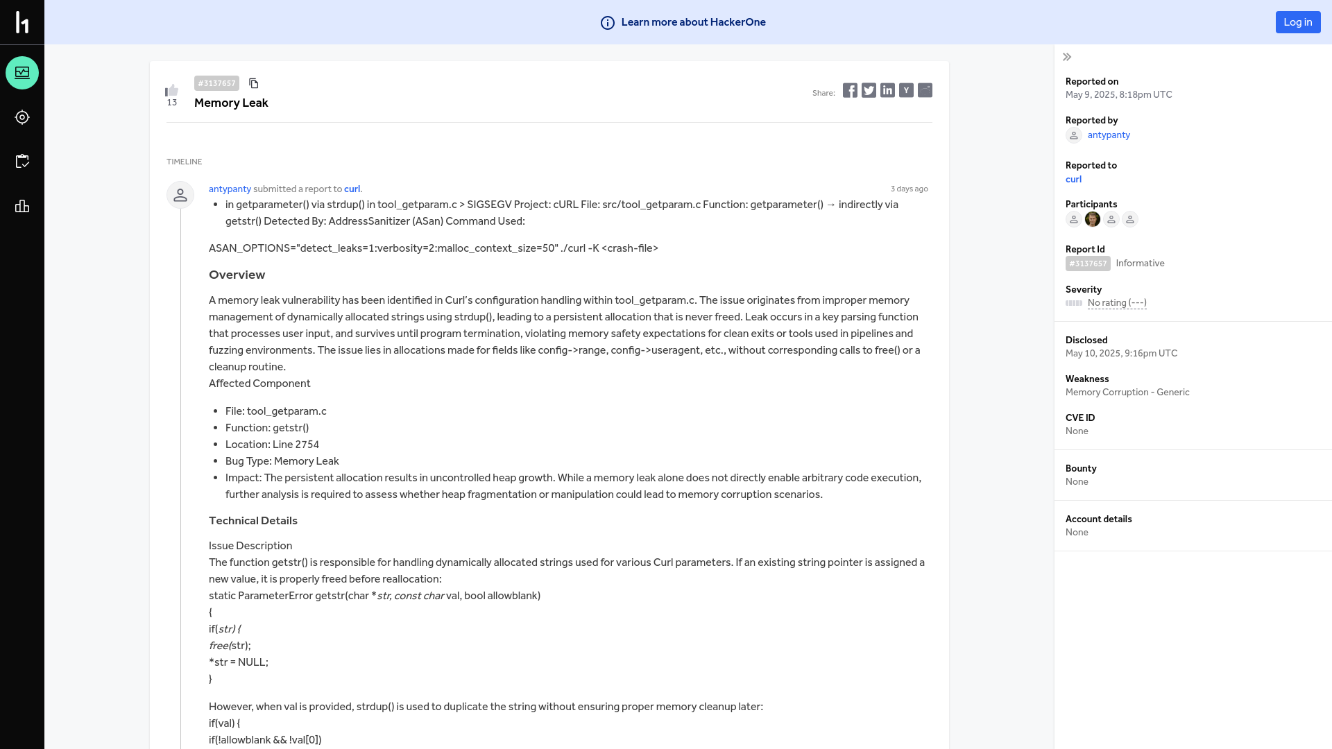 curl | Report #3137657 - Memory Leak | HackerOne