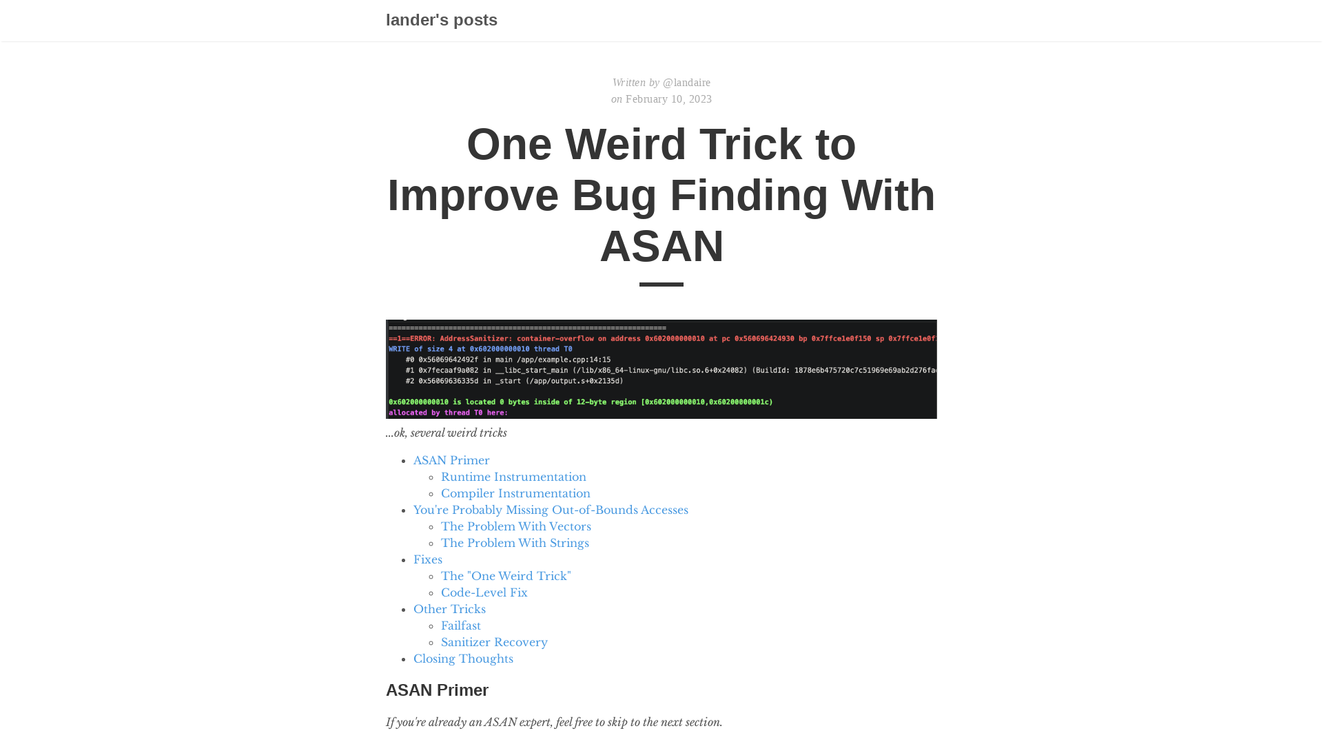 One Weird Trick to Improve Bug Finding With ASAN | lander's posts