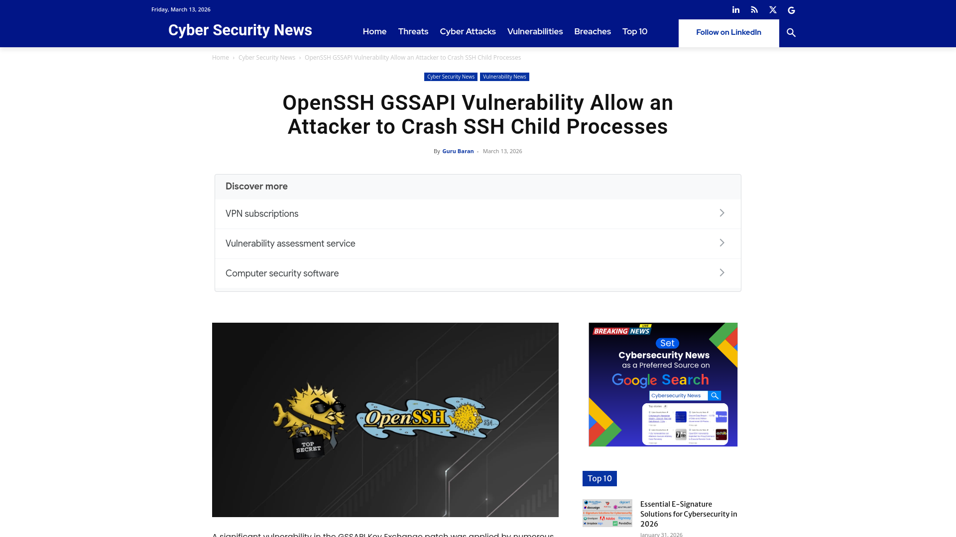 OpenSSH GSSAPI Vulnerability Allow Attacker to Crash SSH Child Processes