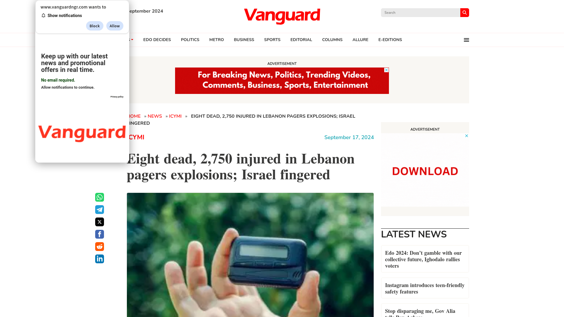 Eight dead, 2,750 injured in Lebanon pagers explosions; Israel fingered - Vanguard News