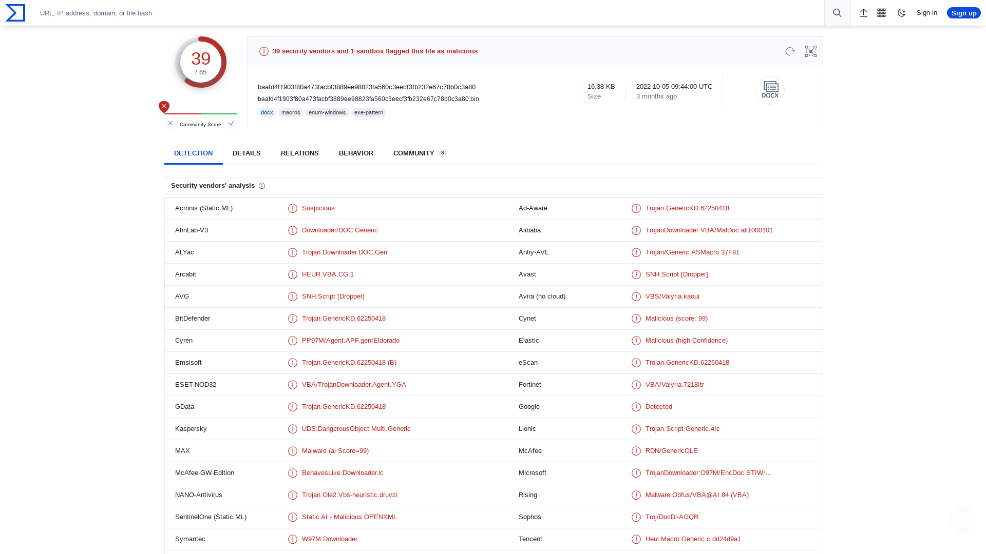 VirusTotal - File - baafd4f1903f80a473facbf3889ee98823fa560c3eecf3fb232e67c78b0c3a80