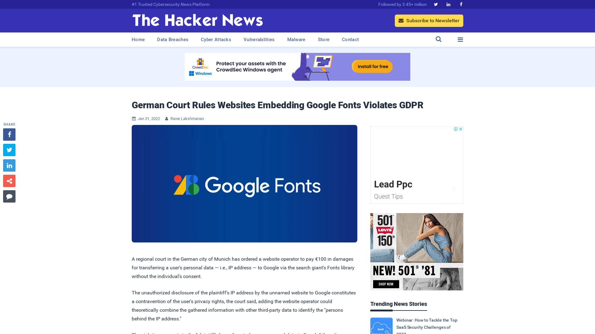 German Court Rules Websites Embedding Google Fonts Violates GDPR