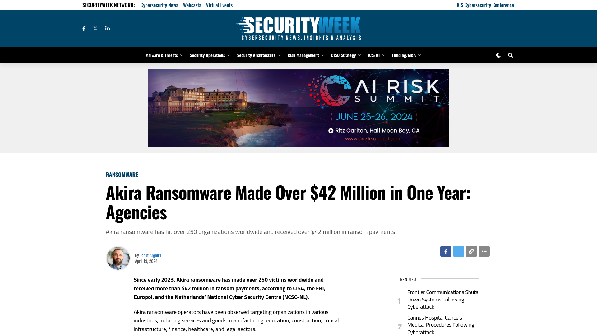 Akira Ransomware Made Over $42 Million in One Year: Agencies - SecurityWeek