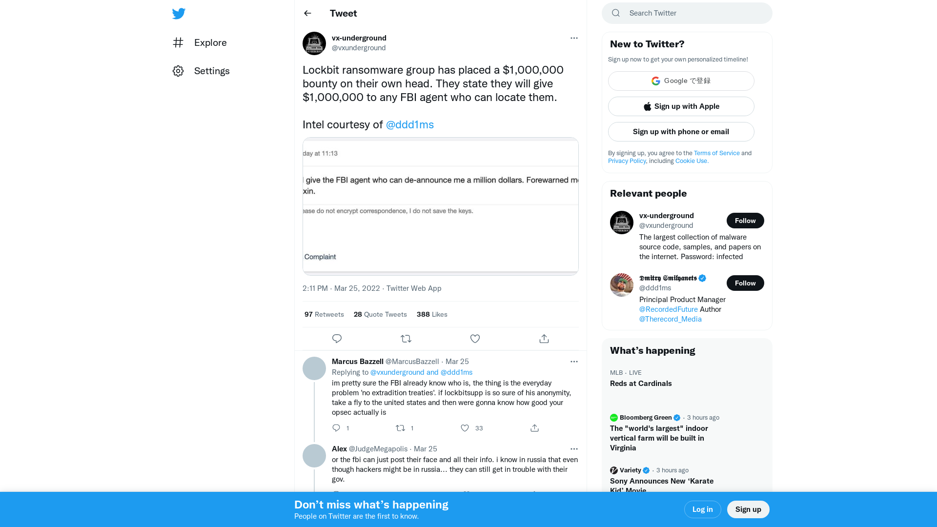 vx-underground on Twitter: "Lockbit ransomware group has placed a $1,000,000 bounty on their own head. They state they will give $1,000,000 to any FBI agent who can locate them. Intel courtesy of @ddd1ms https://t.co/bPDl0aTwDq" / Twitter