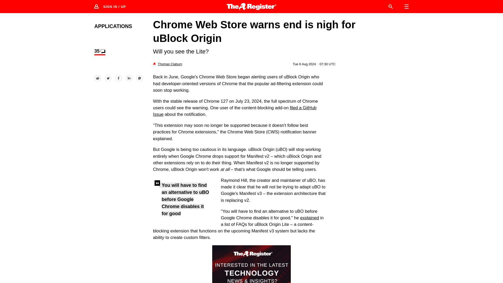 Chrome Web Store warns end is coming for uBlock Origin • The Register