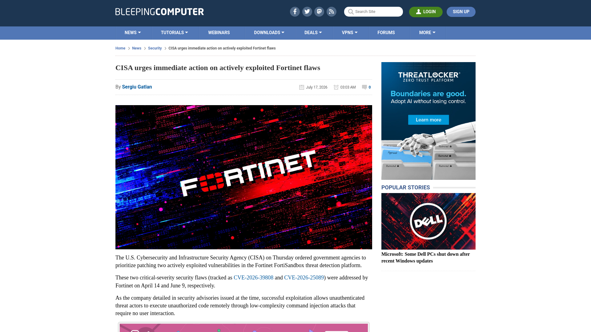 CISA urges immediate action on actively exploited Fortinet flaws