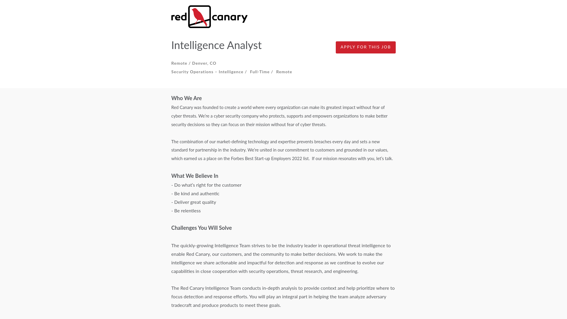 Red Canary - Intelligence Analyst