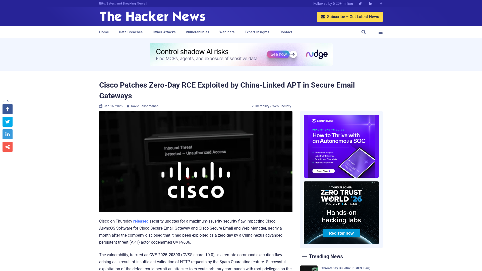 Cisco Patches Zero-Day RCE Exploited by China-Linked APT in Secure Email Gateways