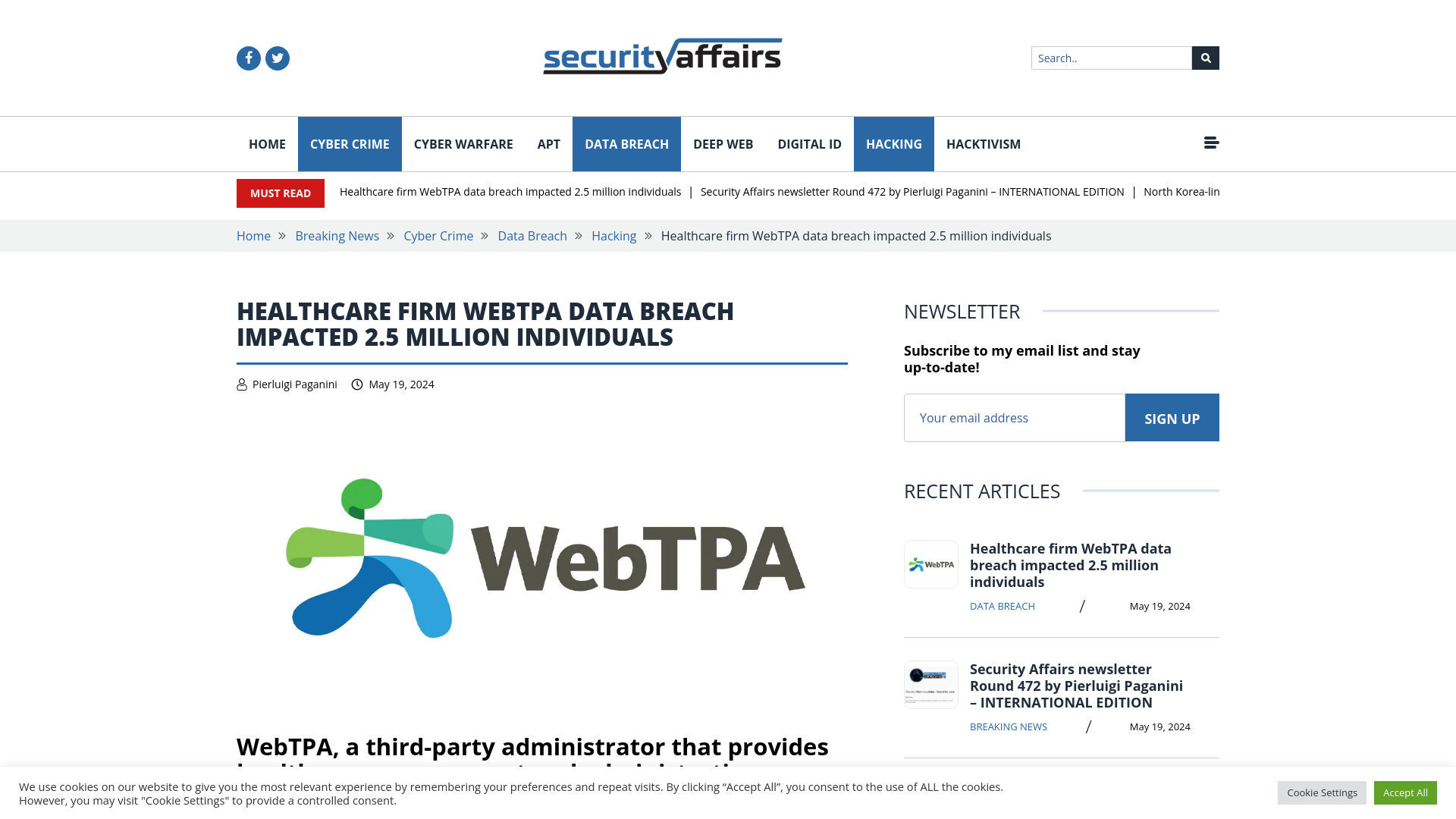 Healthcare firm WebTPA data breach impacted 2.5M individuals