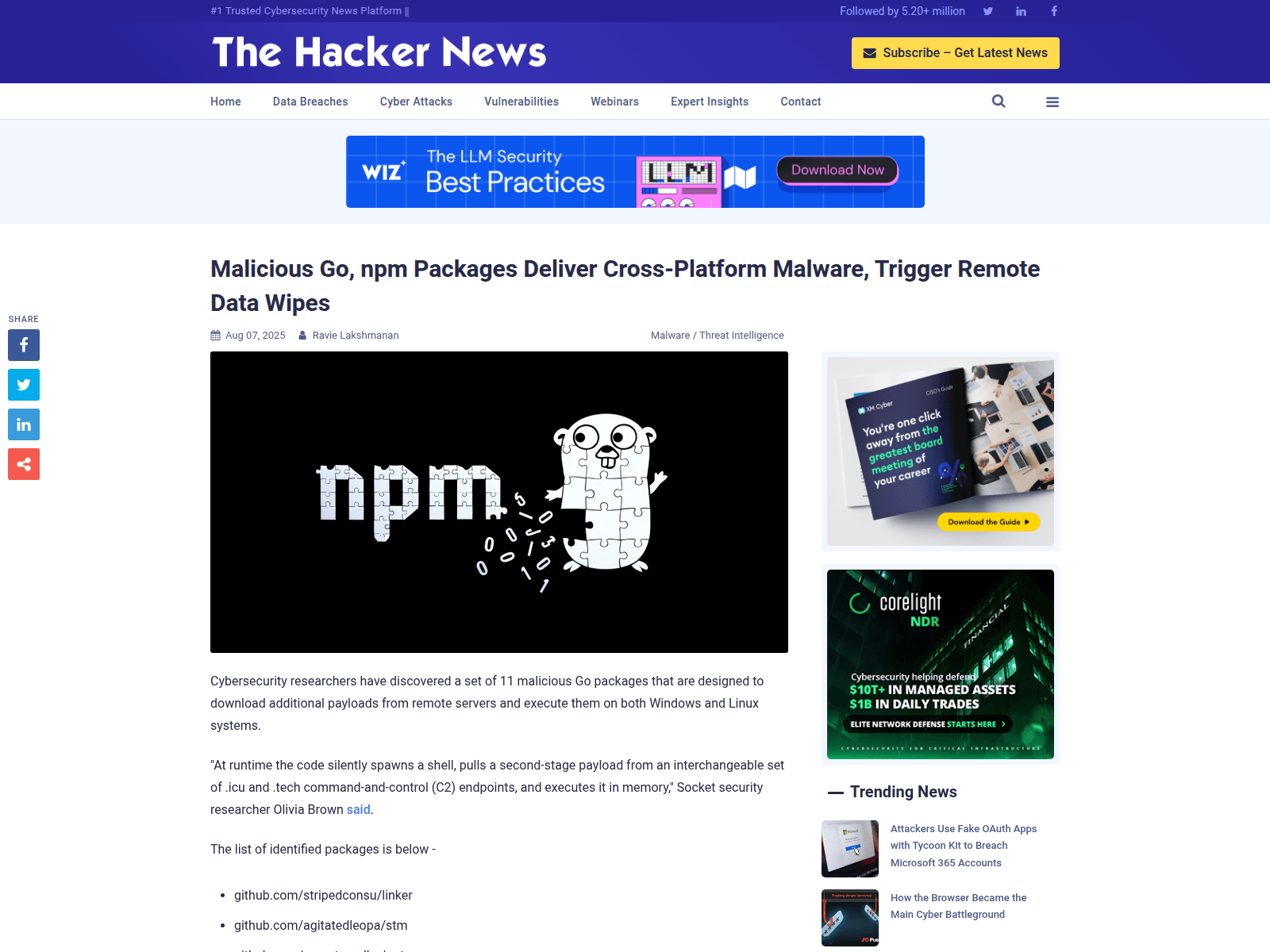 Malicious Go, npm Packages Deliver Cross-Platform Malware, Trigger Remote Data Wipes