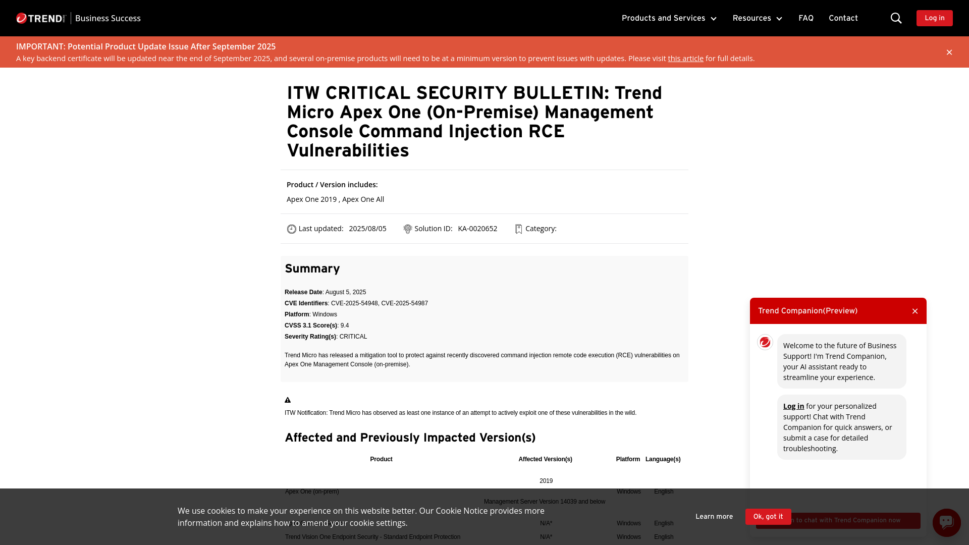 ITW CRITICAL SECURITY BULLETIN: Trend Micro Apex One (On-Premise) Management Console Command Injection RCE Vulnerabilities