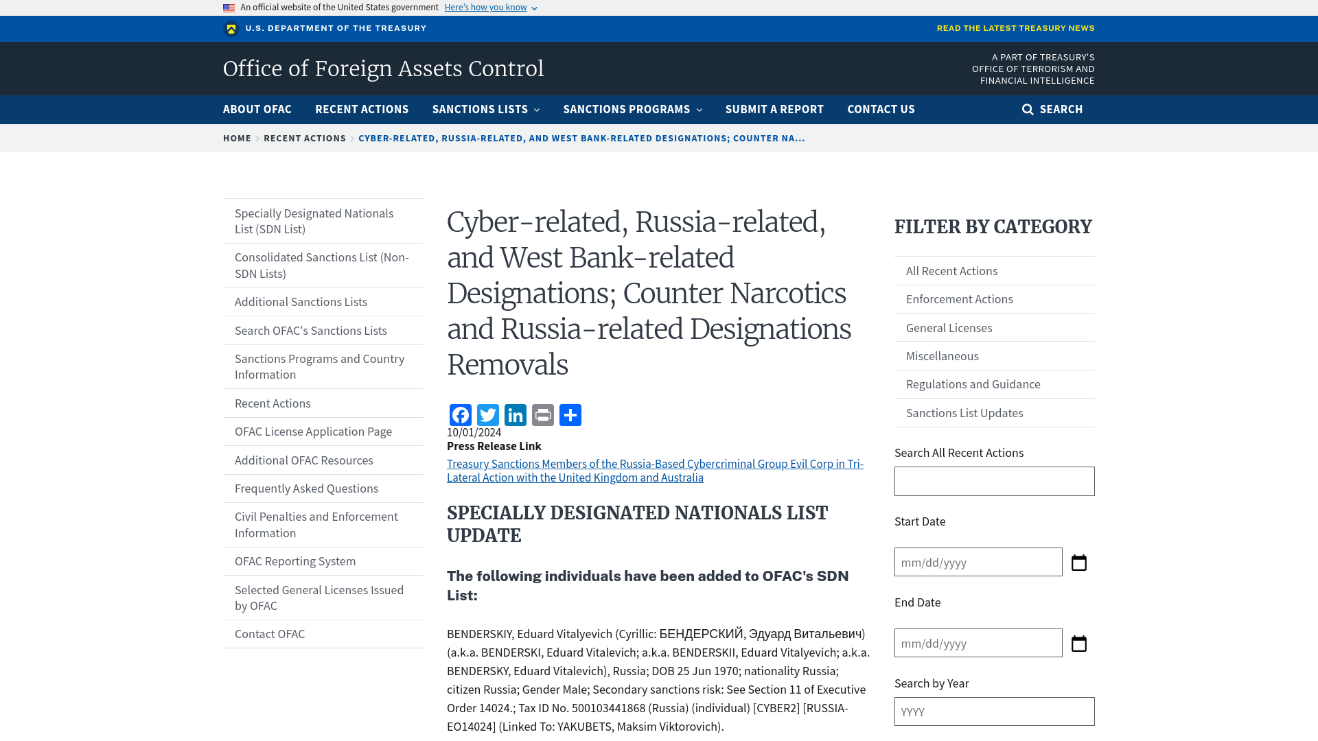 Cyber-related, Russia-related, and West Bank-related Designations; Counter Narcotics and Russia-related Designations Removals | Office of Foreign Assets Control