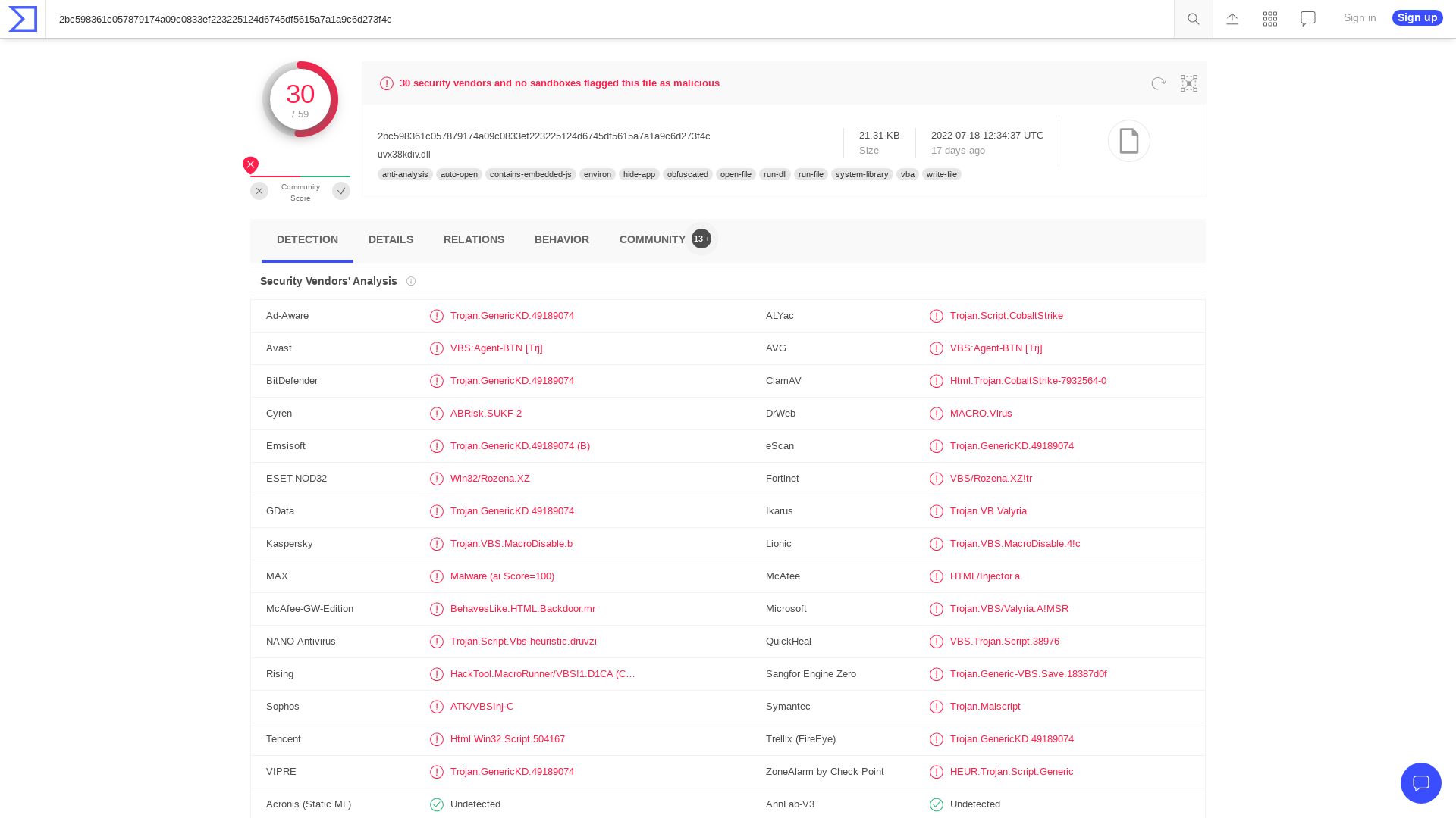 VirusTotal - File - 2bc598361c057879174a09c0833ef223225124d6745df5615a7a1a9c6d273f4c