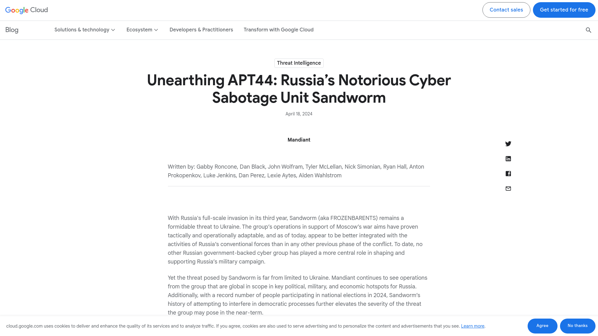 Unearthing APT44: Russia’s Notorious Cyber Sabotage Unit Sandworm | Google Cloud Blog