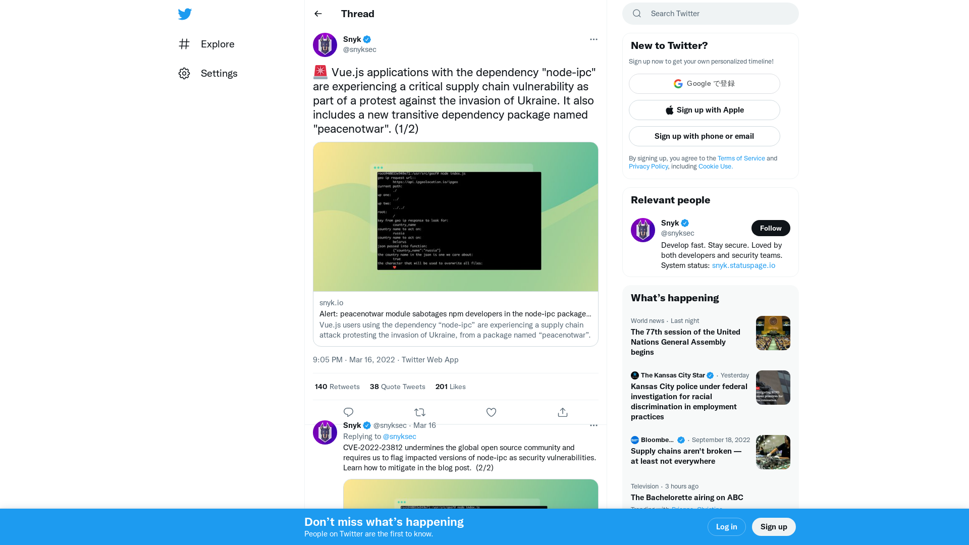 Snyk on Twitter: "🚨 Vue.js applications with the dependency "node-ipc" are experiencing a critical supply chain vulnerability as part of a protest against the invasion of Ukraine. It also includes a new transitive dependency package named "peacenotwar". (1/2) https://t.co/hTf47SKgdP" / Twitter