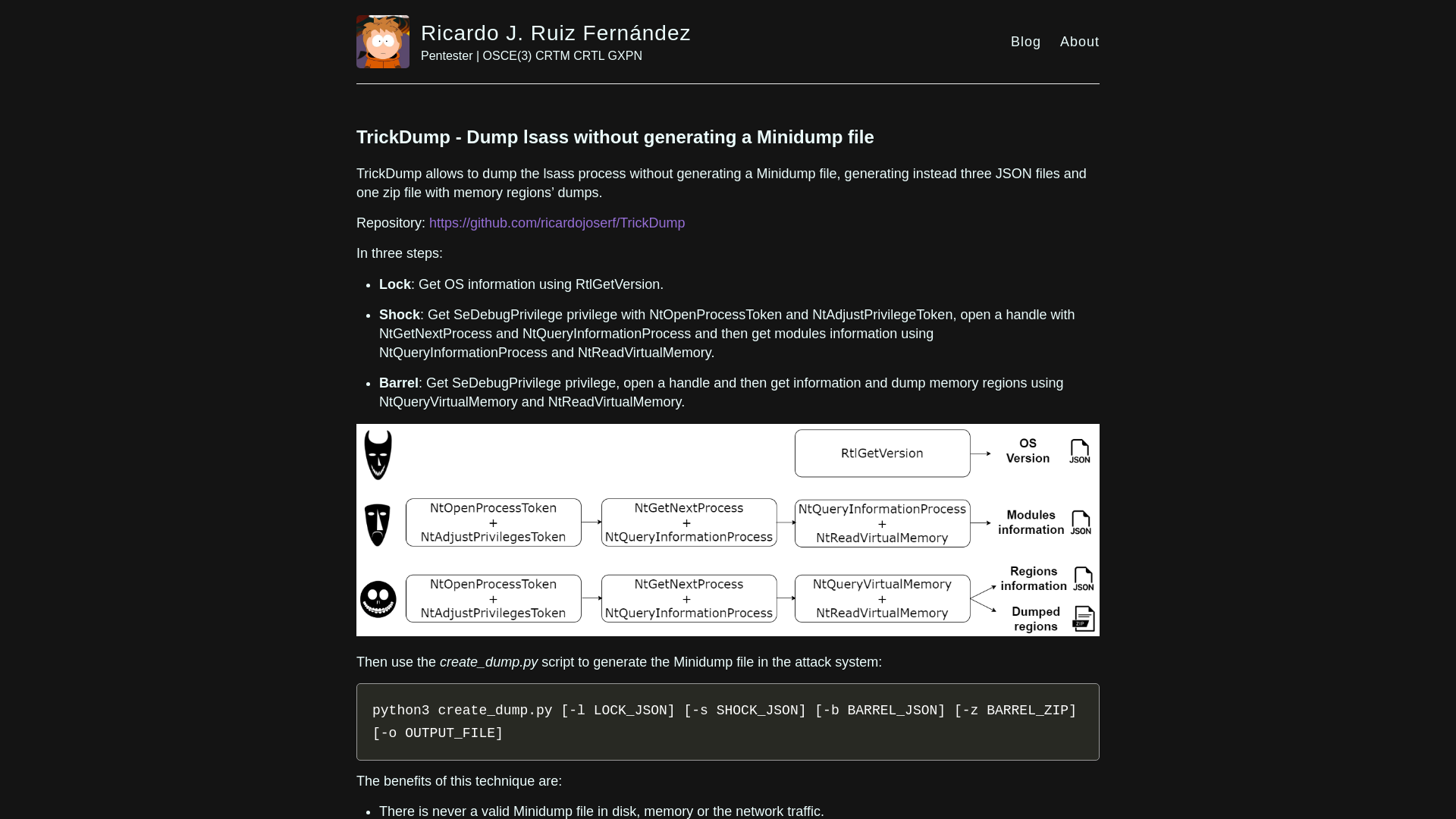 TrickDump - Dump lsass without generating a Minidump file – Ricardo J. Ruiz Fernández – Pentester | OSCE(3) CRTM CRTL GXPN