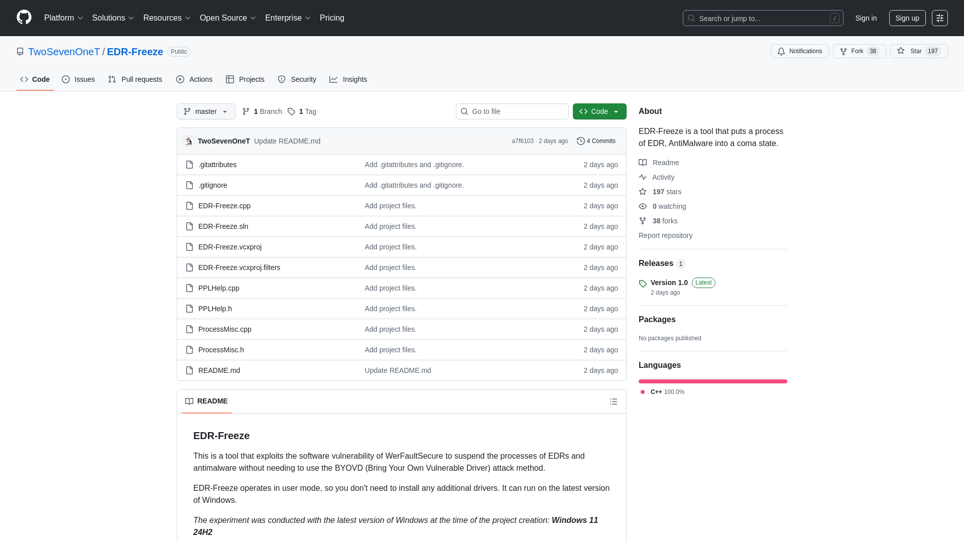 GitHub - TwoSevenOneT/EDR-Freeze: EDR-Freeze is a tool that puts a process of EDR, AntiMalware into a coma state.