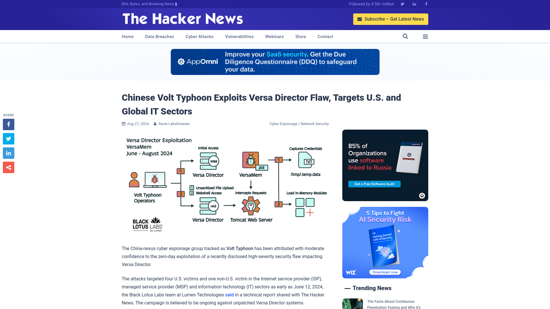 Chinese Volt Typhoon Exploits Versa Director Flaw, Targets U.S. and Global IT Sectors