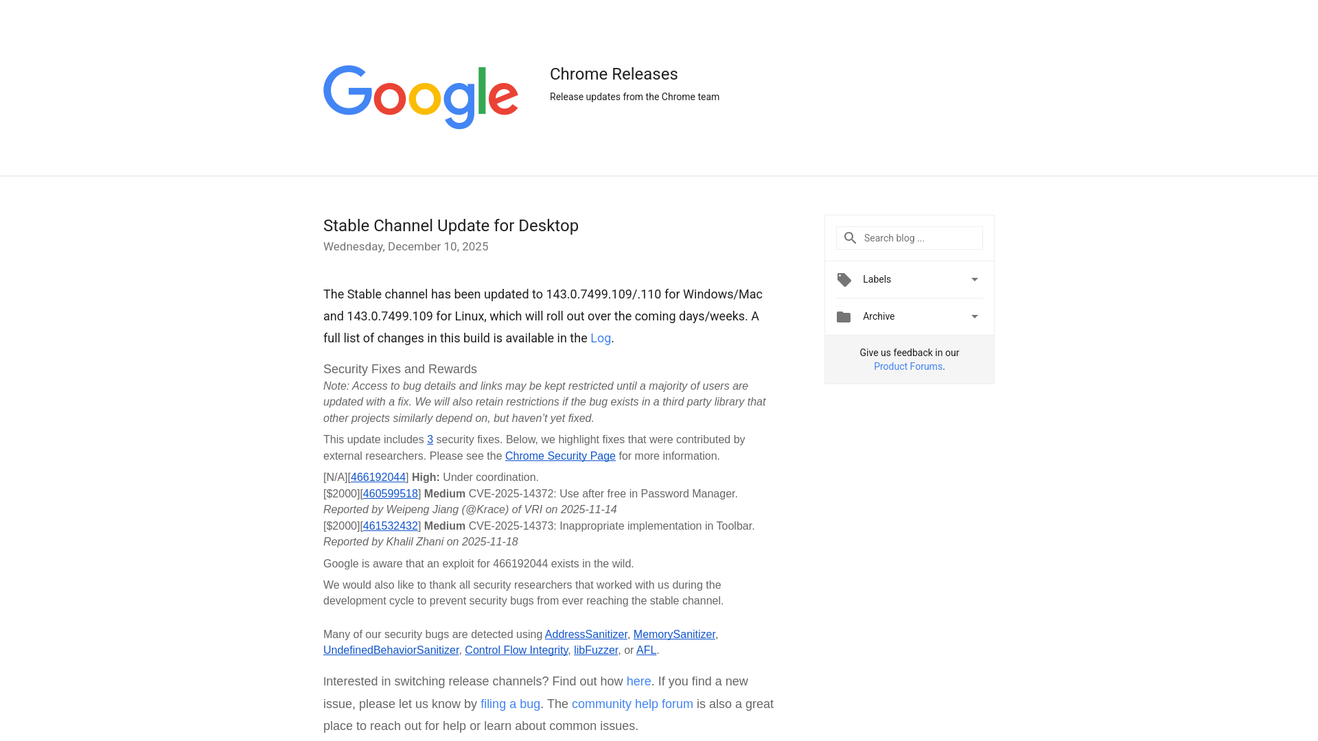 Chrome Releases: Stable Channel Update for Desktop