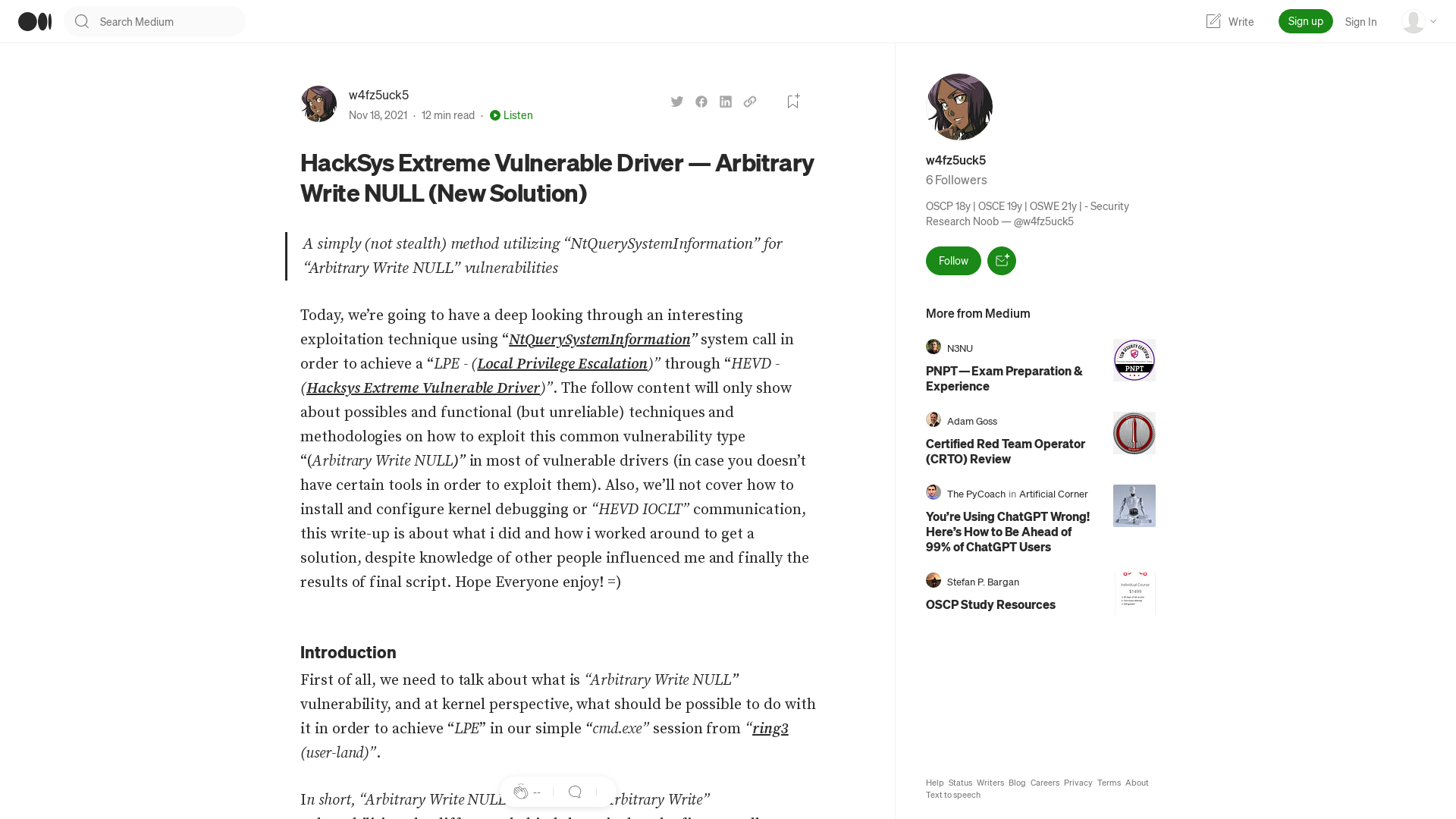 HackSys Extreme Vulnerable Driver — Arbitrary Write NULL (New Solution) | by w4fz5uck5 | Medium