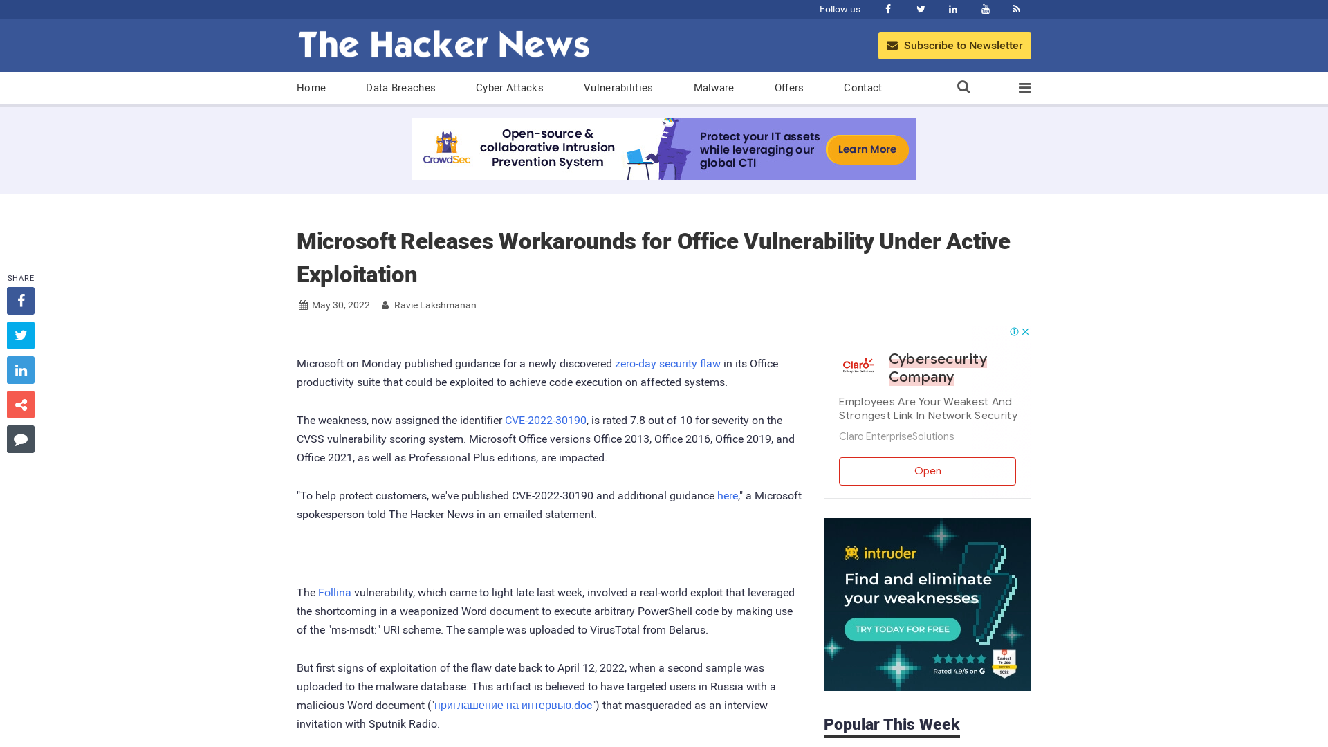 Microsoft Releases Workarounds for Office Vulnerability Under Active Exploitation