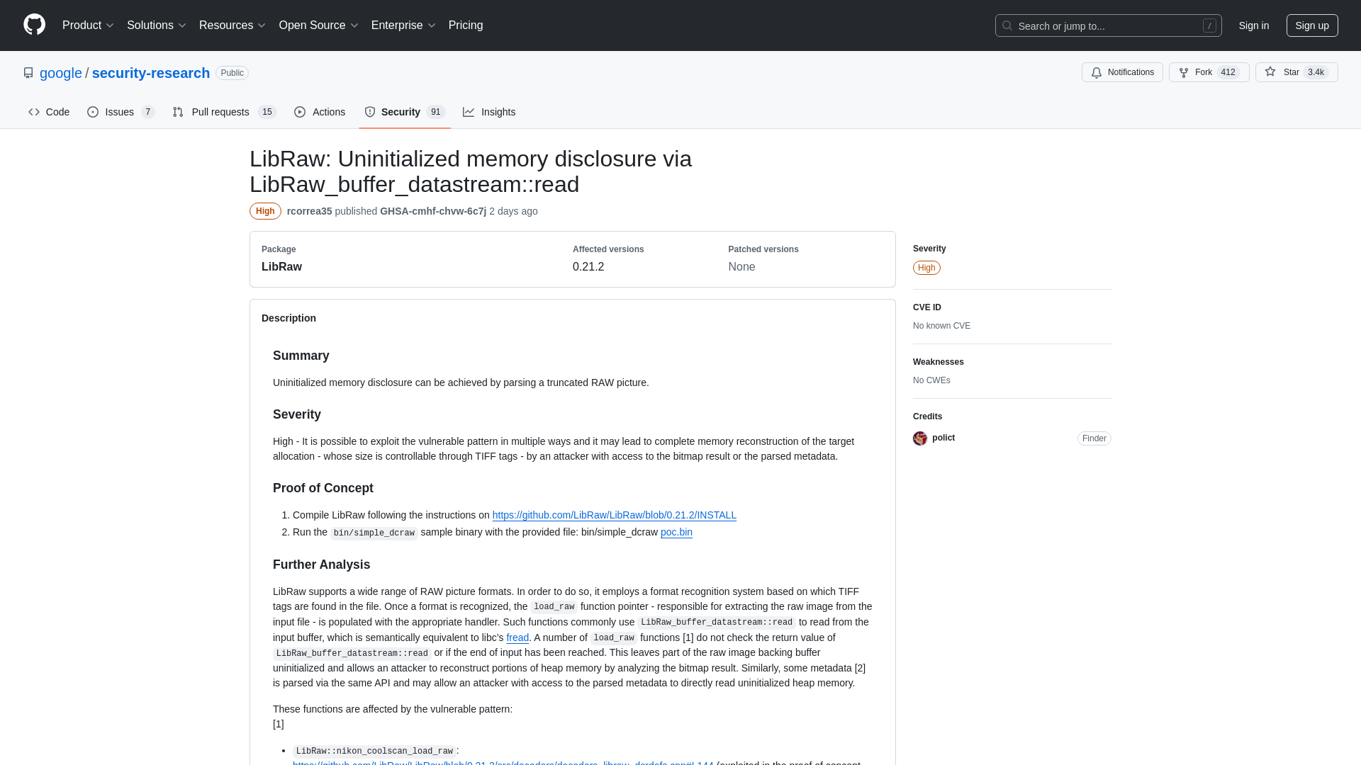 LibRaw: Uninitialized memory disclosure via LibRaw_buffer_datastream::read · Advisory · google/security-research · GitHub