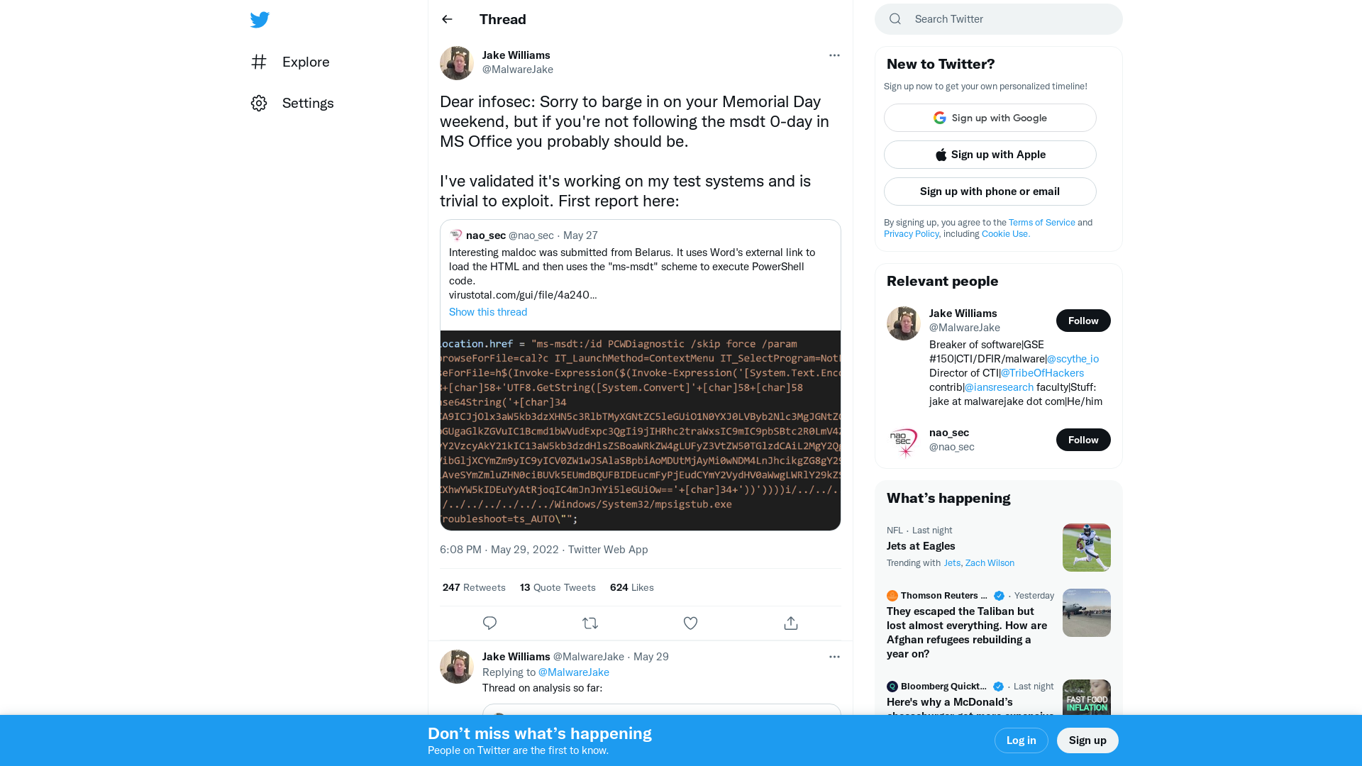Jake Williams on Twitter: "Dear infosec: Sorry to barge in on your Memorial Day weekend, but if you're not following the msdt 0-day in MS Office you probably should be. I've validated it's working on my test systems and is trivial to exploit. First report here: https://t.co/x786bYr8iy" / Twitter