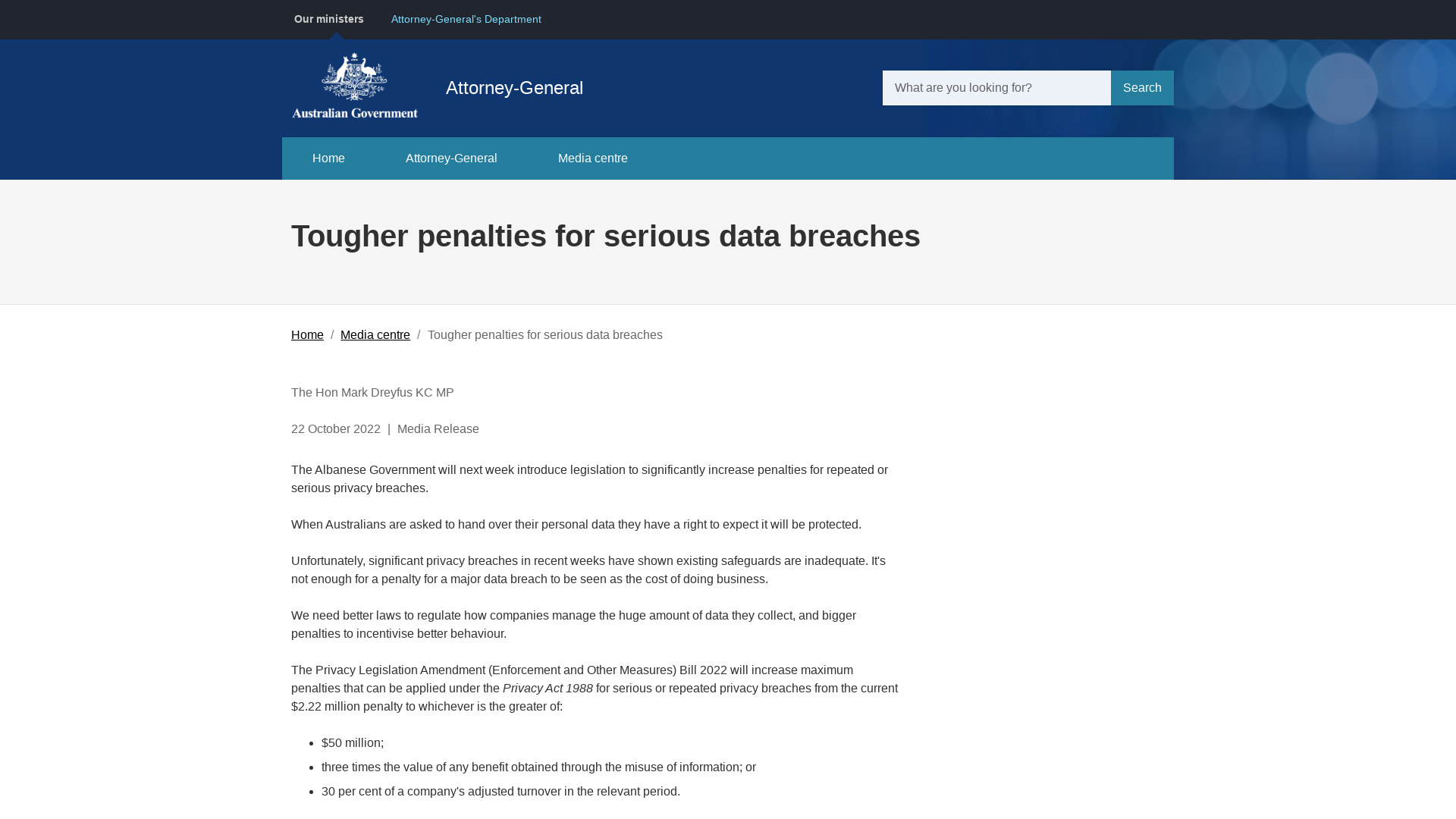 Tougher penalties for serious data breaches | Our ministers – Attorney-General’s portfolio