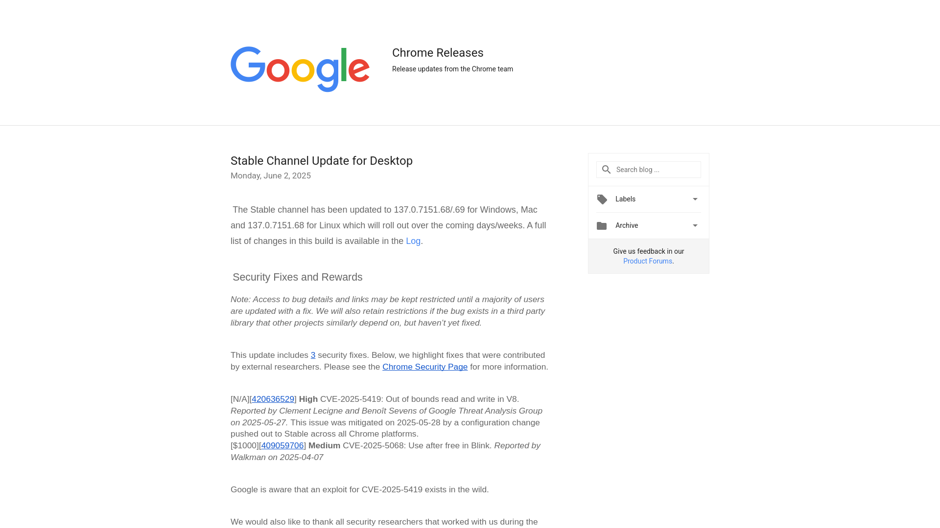 Chrome Releases: Stable Channel Update for Desktop