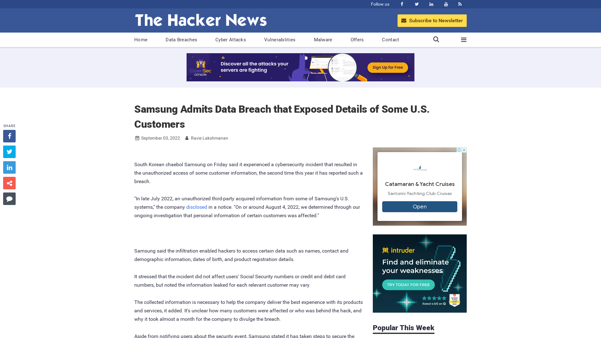 Samsung Admits Data Breach that Exposed Details of Some U.S. Customers