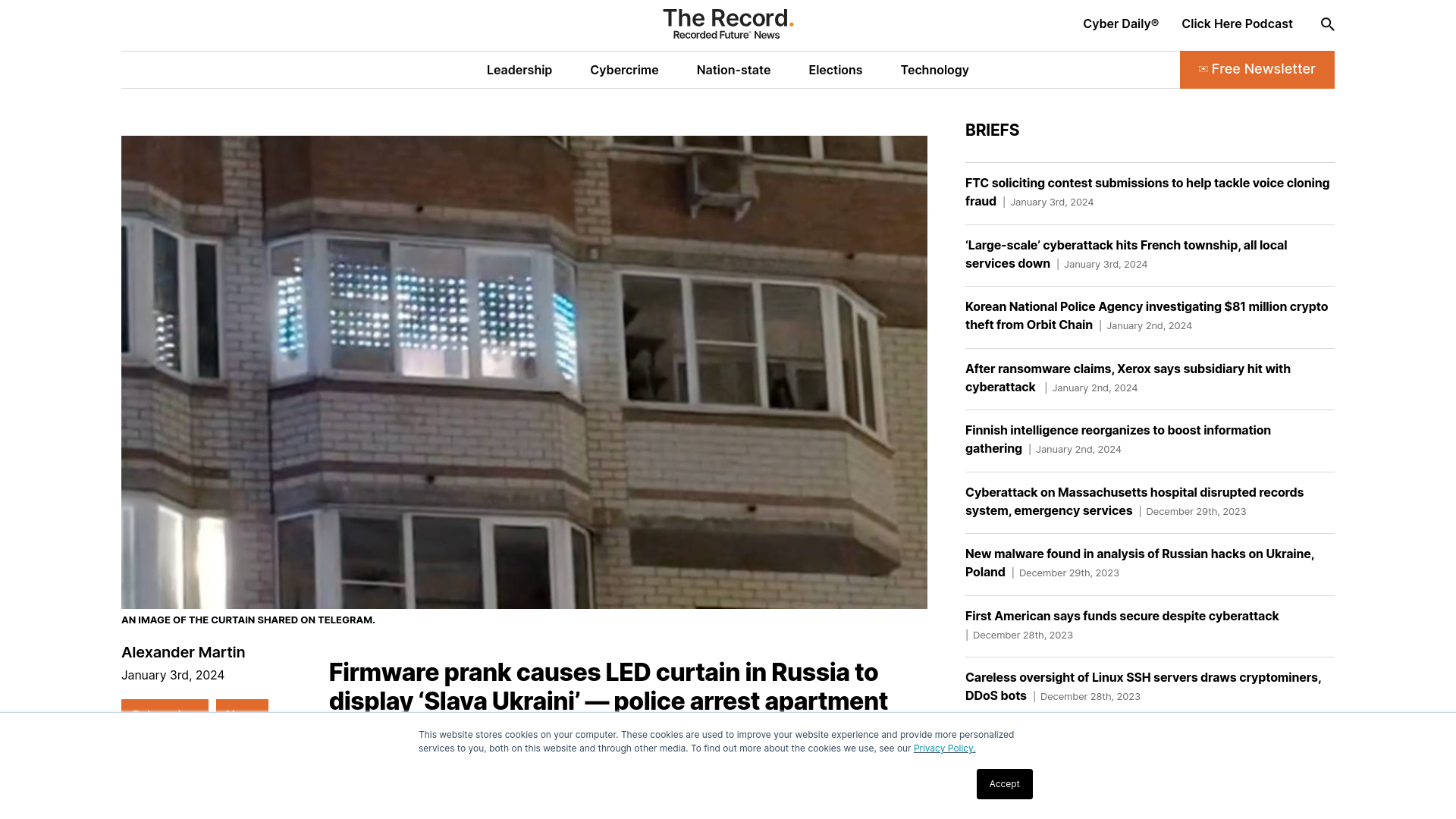 Firmware prank causes LED curtain in Russia to display ‘Slava Ukraini’ — police arrest apartment owner