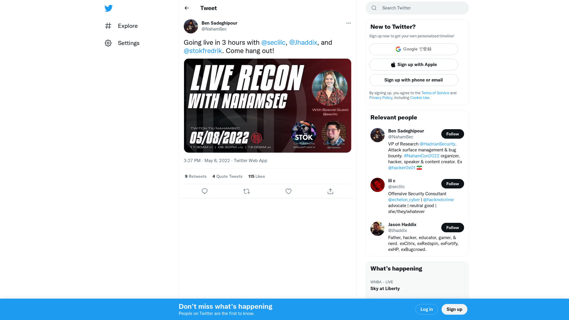 Ben Sadeghipour on Twitter: "Going live in 3 hours with @seclilc, @Jhaddix, and @stokfredrik. Come hang out! https://t.co/DRRFcANvo6" / Twitter