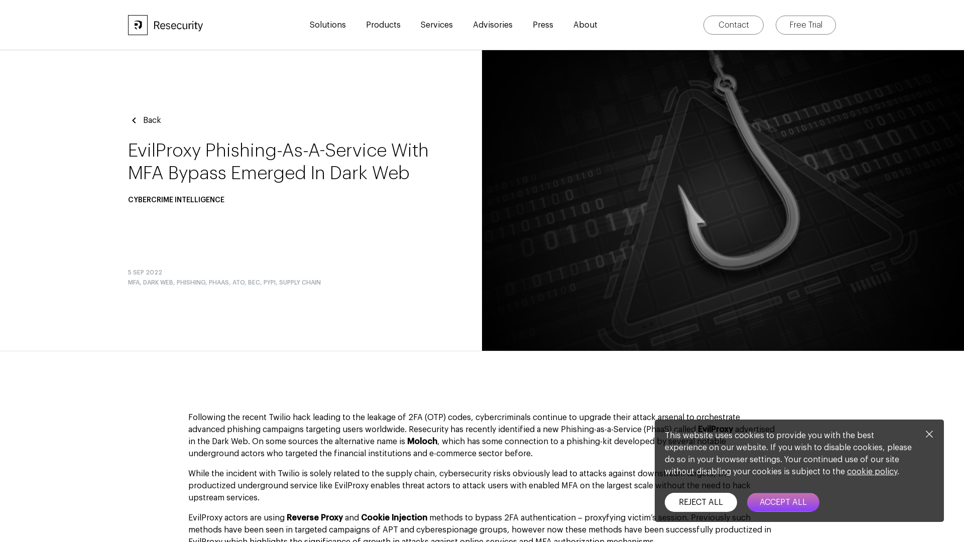 Resecurity - EvilProxy Phishing-as-a-Service with MFA Bypass Emerged in Dark Web