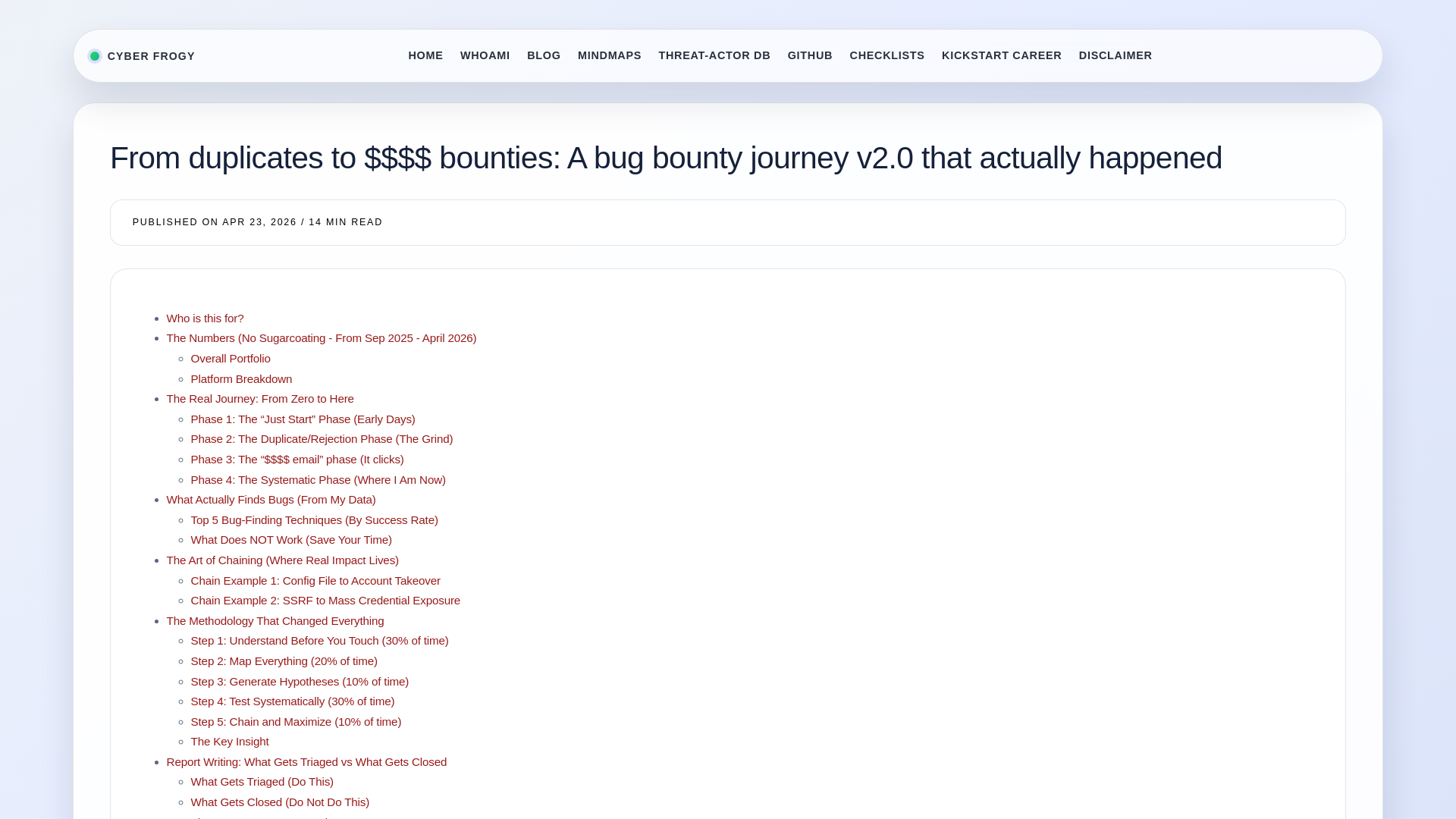 Cyber Frogy - From duplicates to $$$$ bounties: A bug bounty journey v2.0 that actually happened