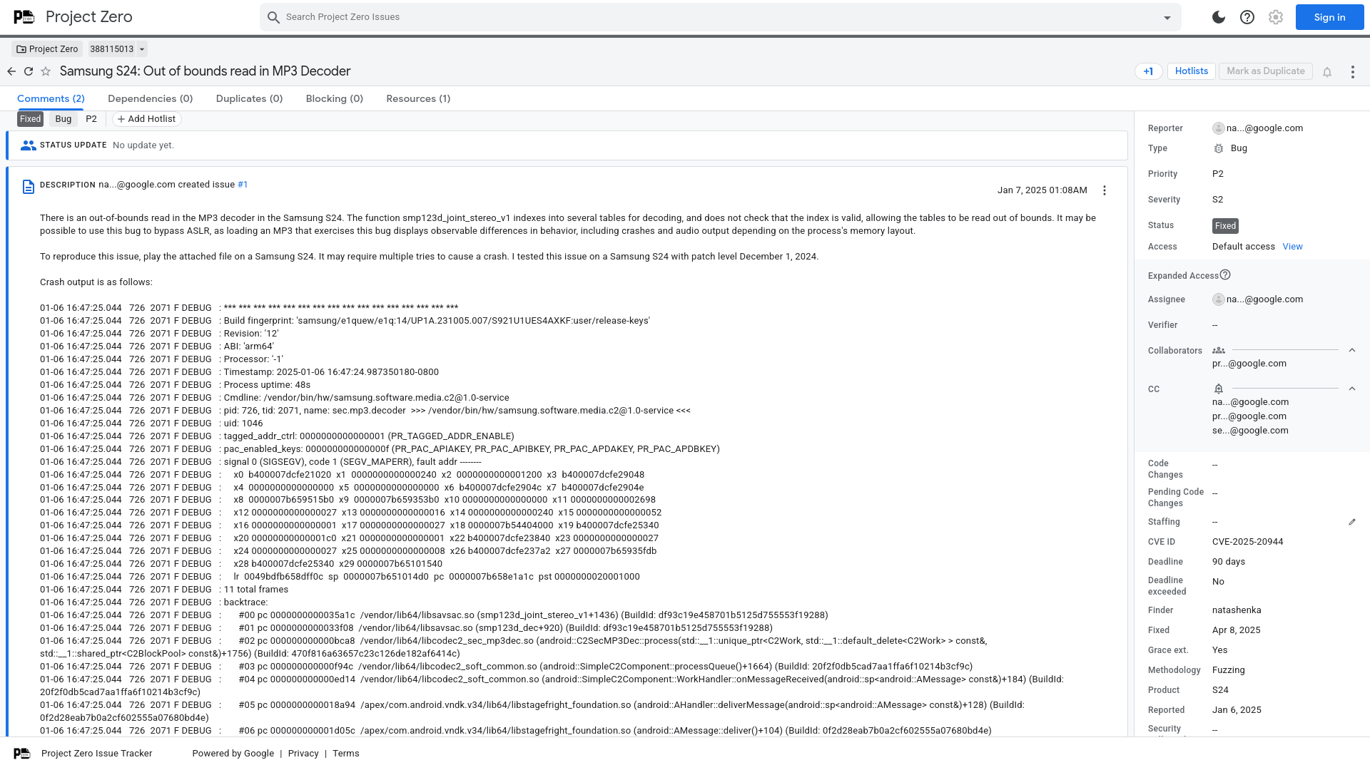Samsung S24: Out of bounds read in MP3 Decoder [388115013] - Project Zero
