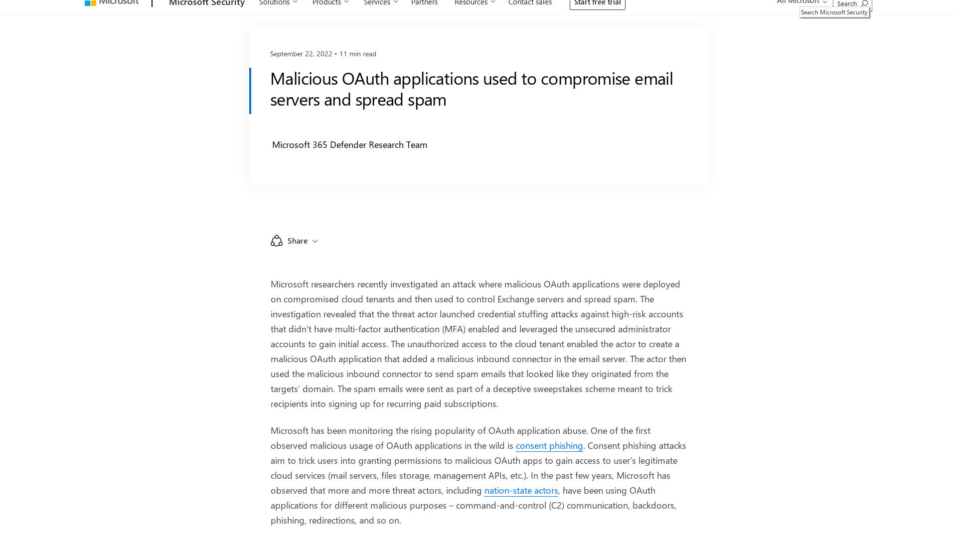 Malicious OAuth applications used to compromise email servers and spread spam - Microsoft Security Blog
