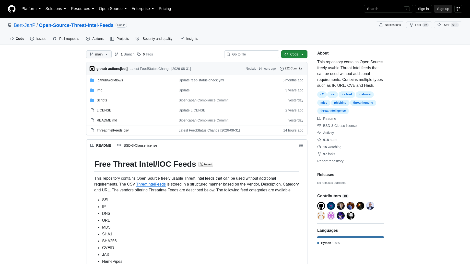 GitHub - Bert-JanP/Open-Source-Threat-Intel-Feeds: This repository contains Open Source freely usable Threat Intel feeds that can be used without additional requirements. Contains multiple types such as IP, URL, CVE and Hash. · GitHub