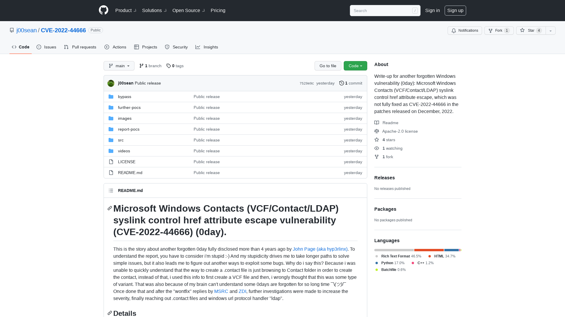 GitHub - j00sean/CVE-2022-44666: Write-up for another forgotten Windows vulnerability (0day): Microsoft Windows Contacts (VCF/Contact/LDAP) syslink control href attribute escape, which was not fully fixed as CVE-2022-44666 in the patches released on December, 2022.