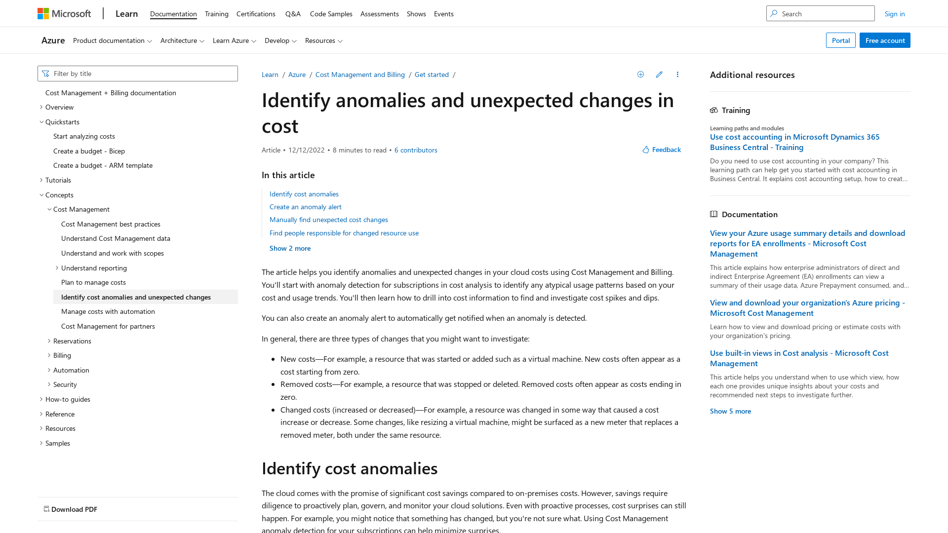 Identify anomalies and unexpected changes in cost - Microsoft Cost Management | Microsoft Learn