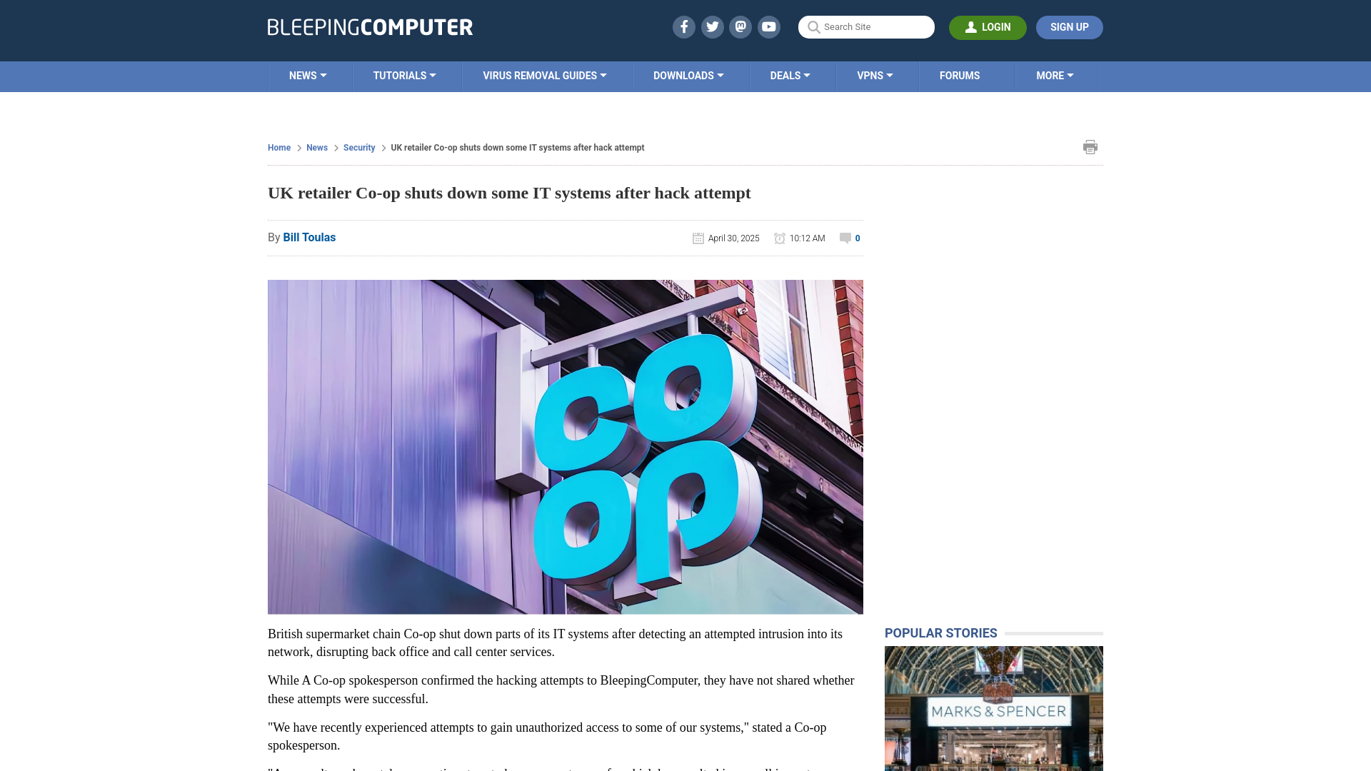 UK retailer Co-op shuts down some IT systems after hack attempt
